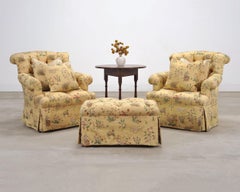 Pair of Tufted Lounge Chairs + Ottoman in Butter Print Fabric