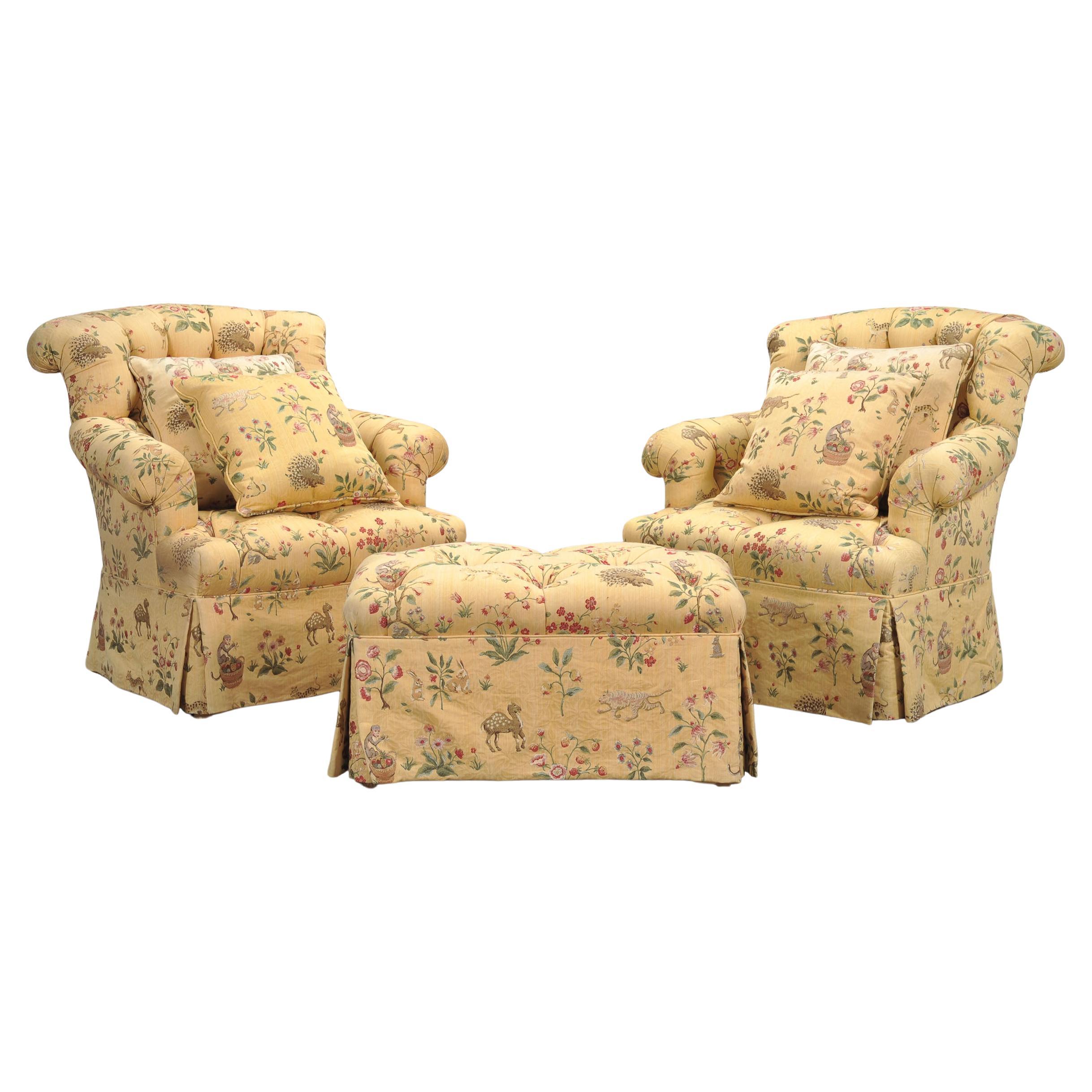 Paar getuftete Loungesessel + Ottomane in Butter Print Stoff