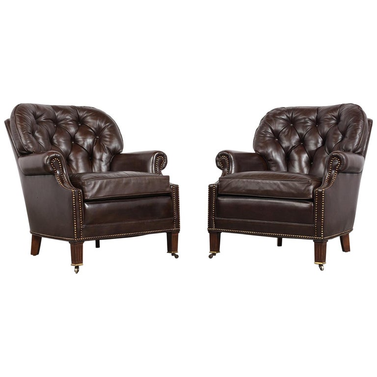 Pair of Tufted Regency Style Leather Club Chairs at 1stDibs
