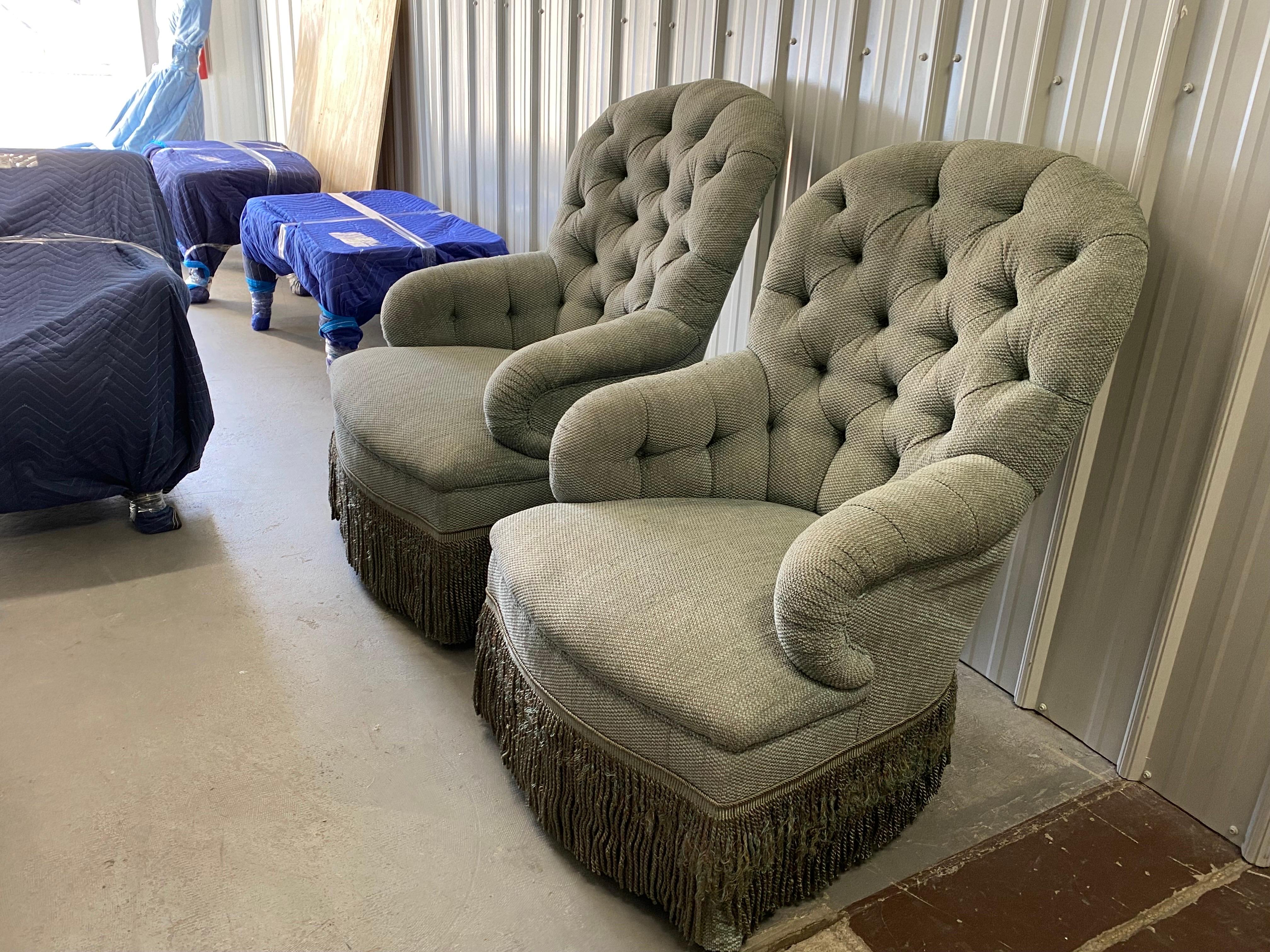 Pair of Tufted Rounded Back Armchairs Custom-Made by David Easton In Fair Condition For Sale In Southampton, NY
