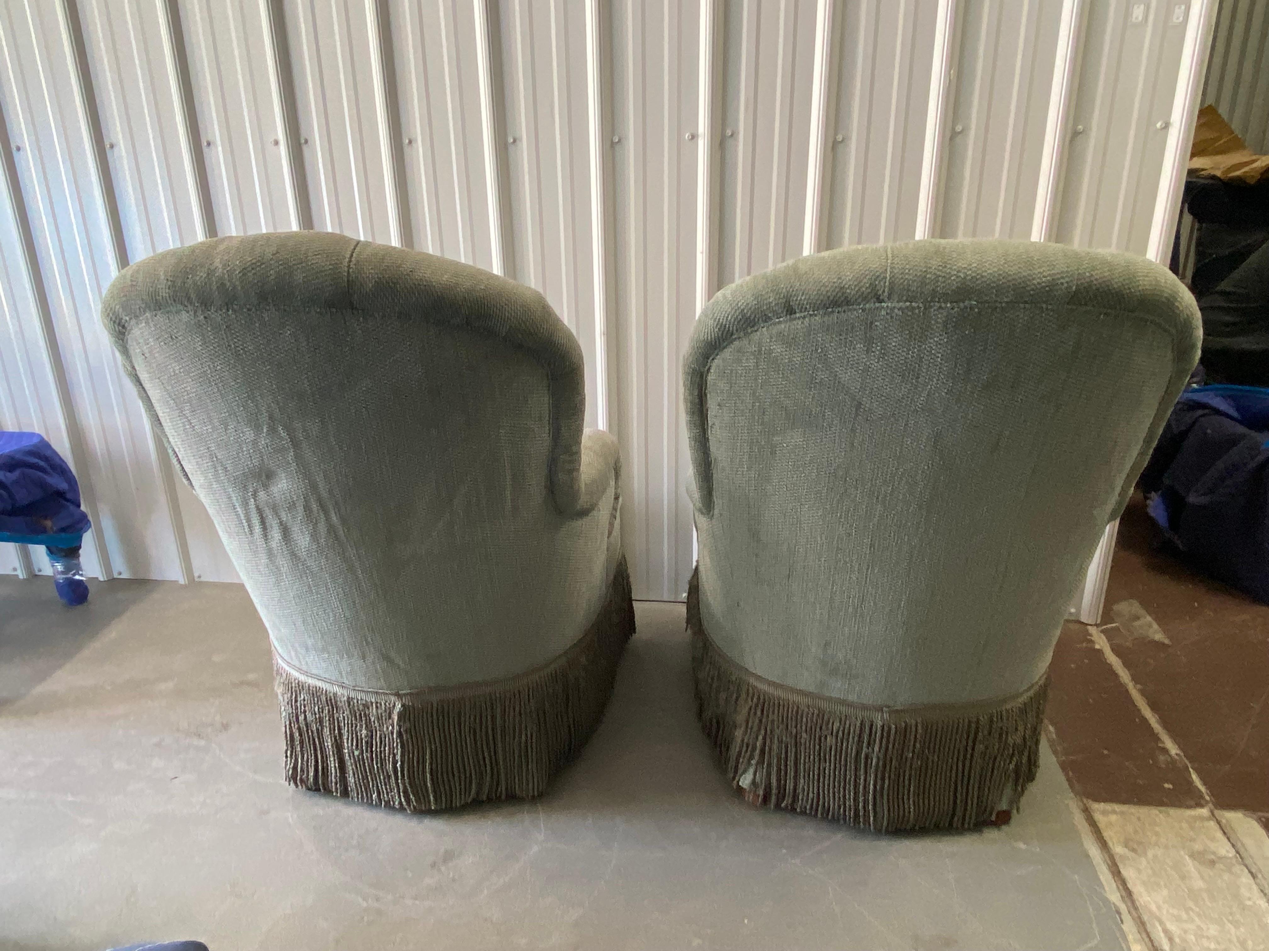 Chenille Pair of Tufted Rounded Back Armchairs Custom-Made by David Easton For Sale
