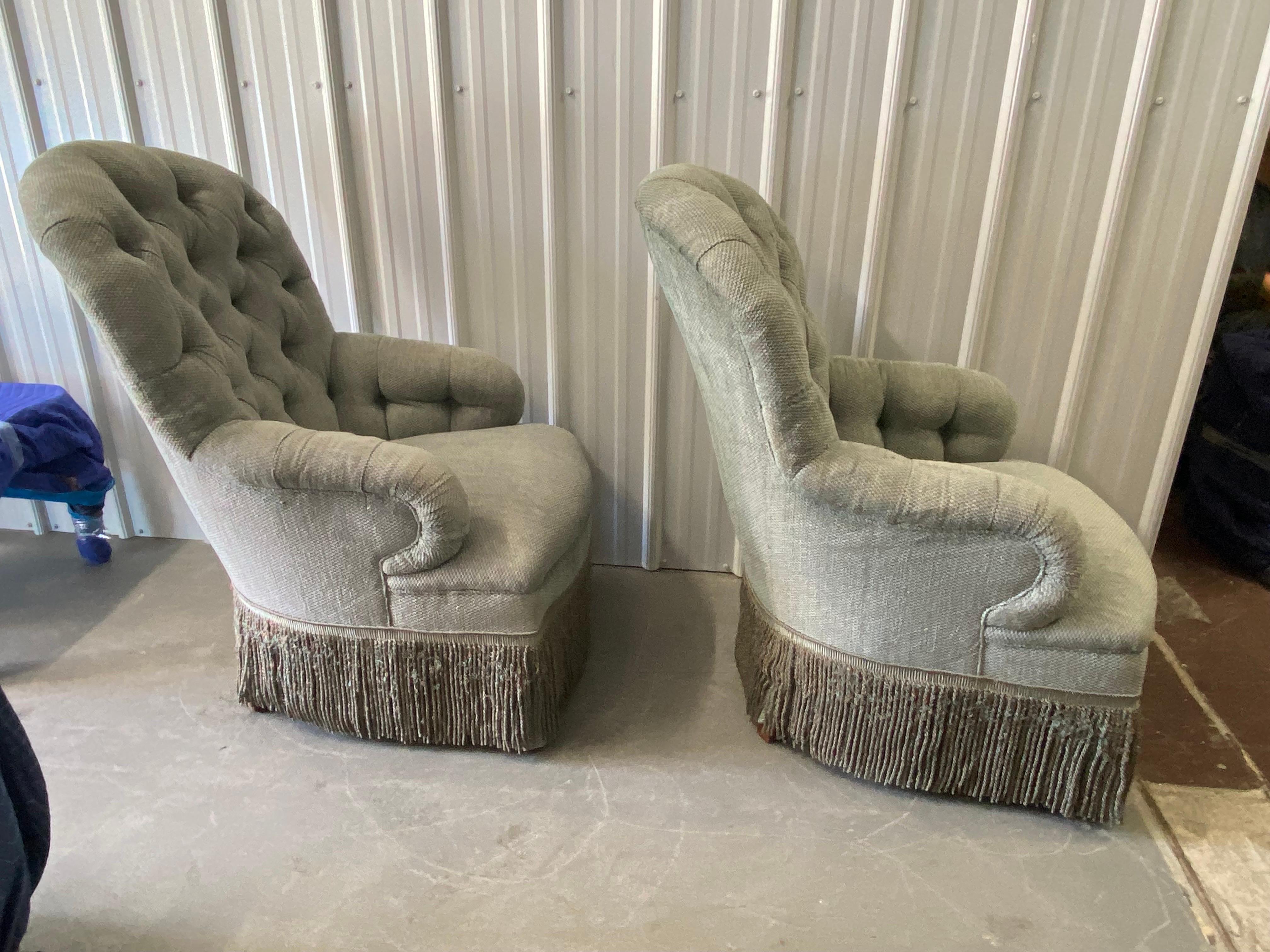 Pair of Tufted Rounded Back Armchairs Custom-Made by David Easton For Sale 1