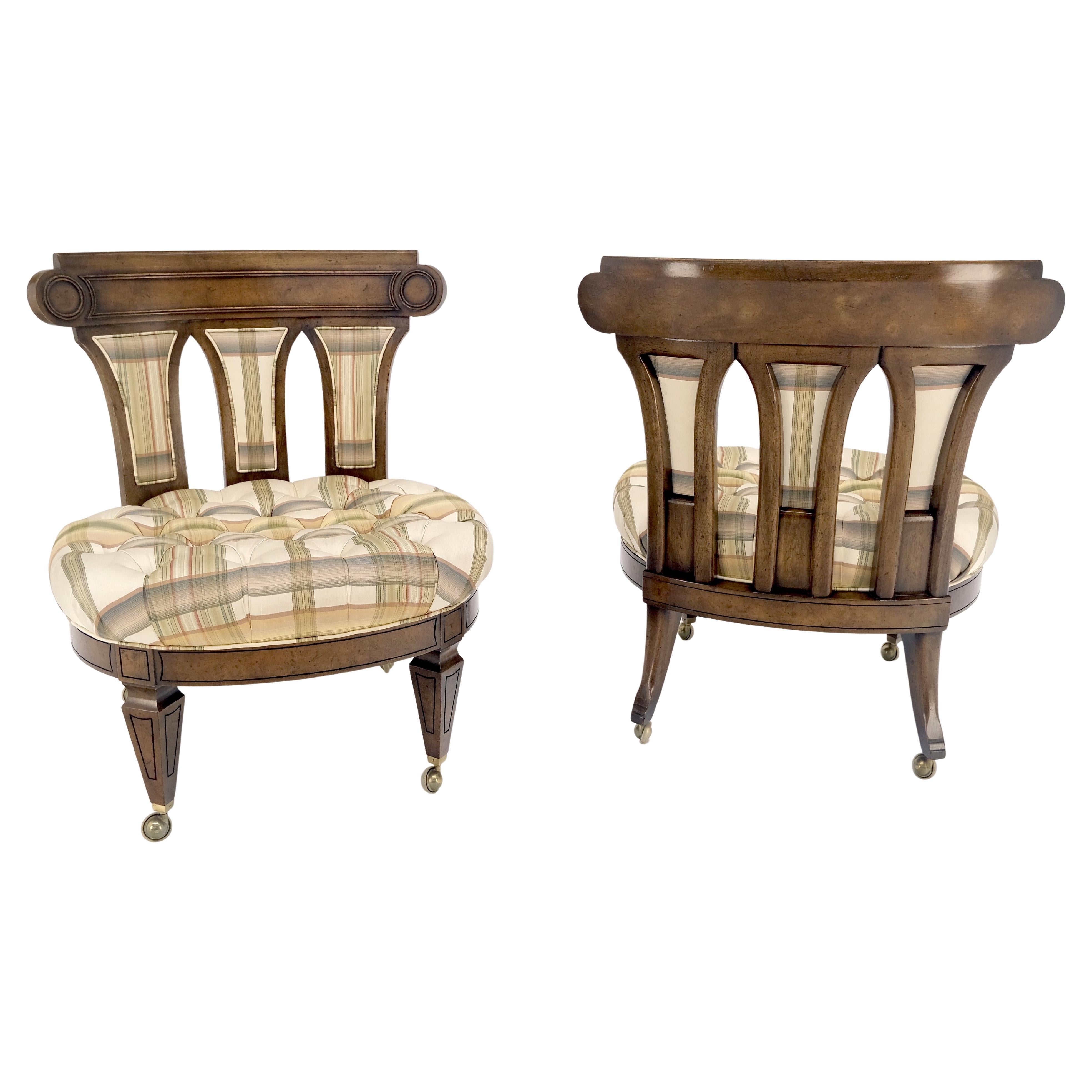 Paar von getufteten Sitzen Burl Wood Back Oval Sitze Slipper Stühle auf Katern MINT (Hollywood Regency) im Angebot