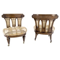Pair of Tufted Seats Burl Wood Back Oval Seats Slipper Chairs on Caters MINT