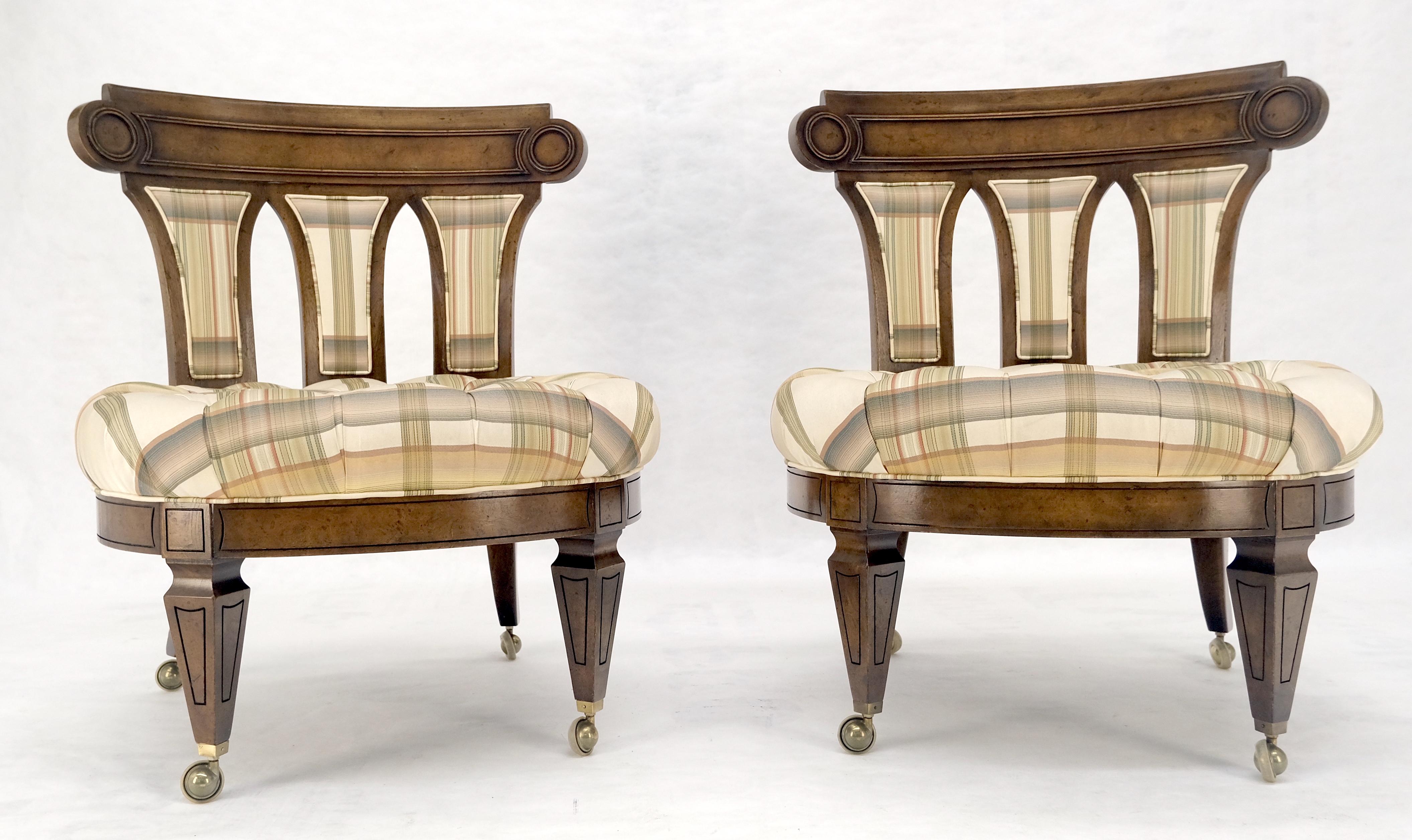 Paar von getufteten Sitzen Burl Wood Back Oval Sitze Slipper Stühle auf Katern MINT (20. Jahrhundert) im Angebot