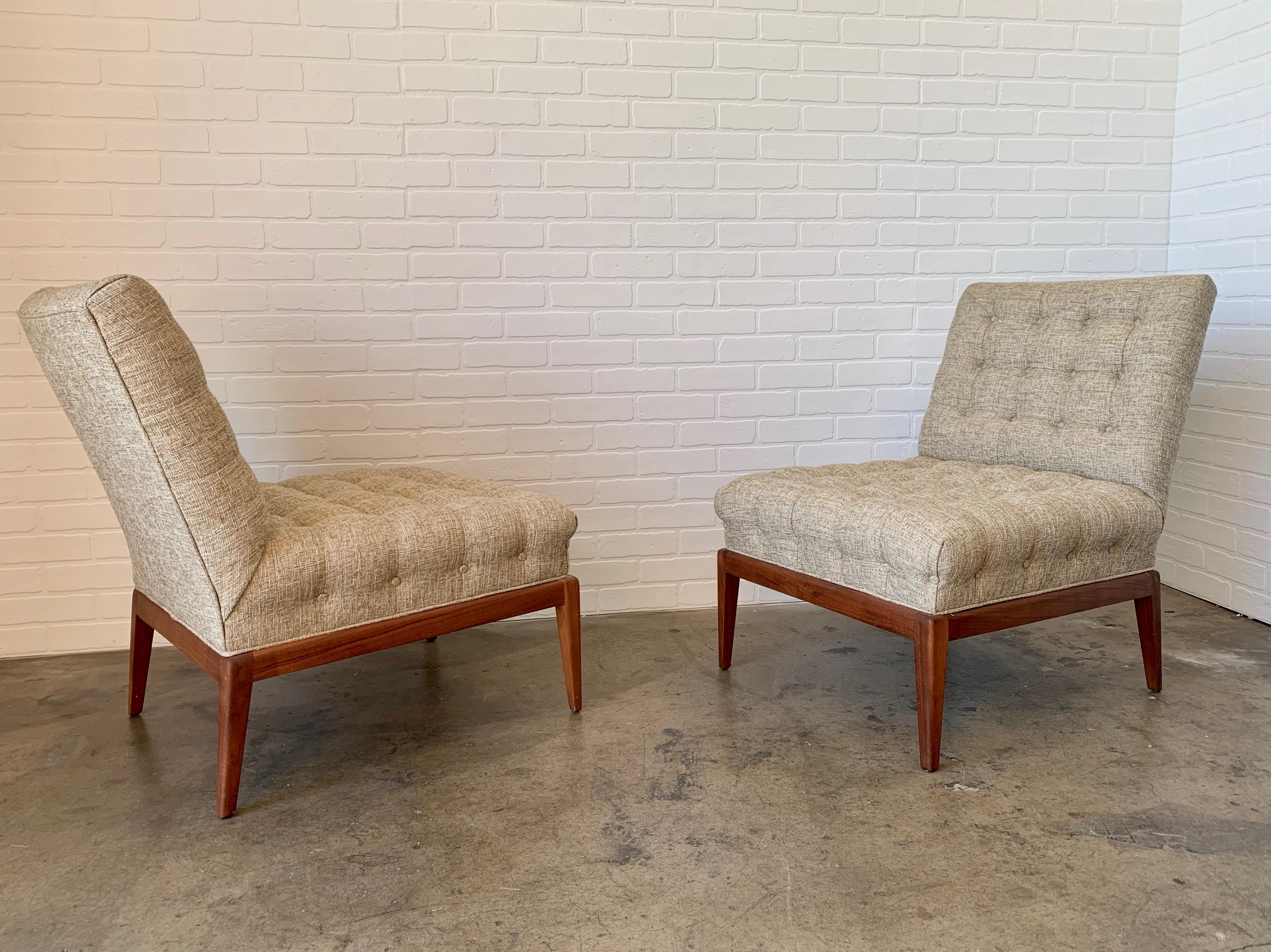 Pair of tufted slipper lounge chairs by Kipp Stewart.