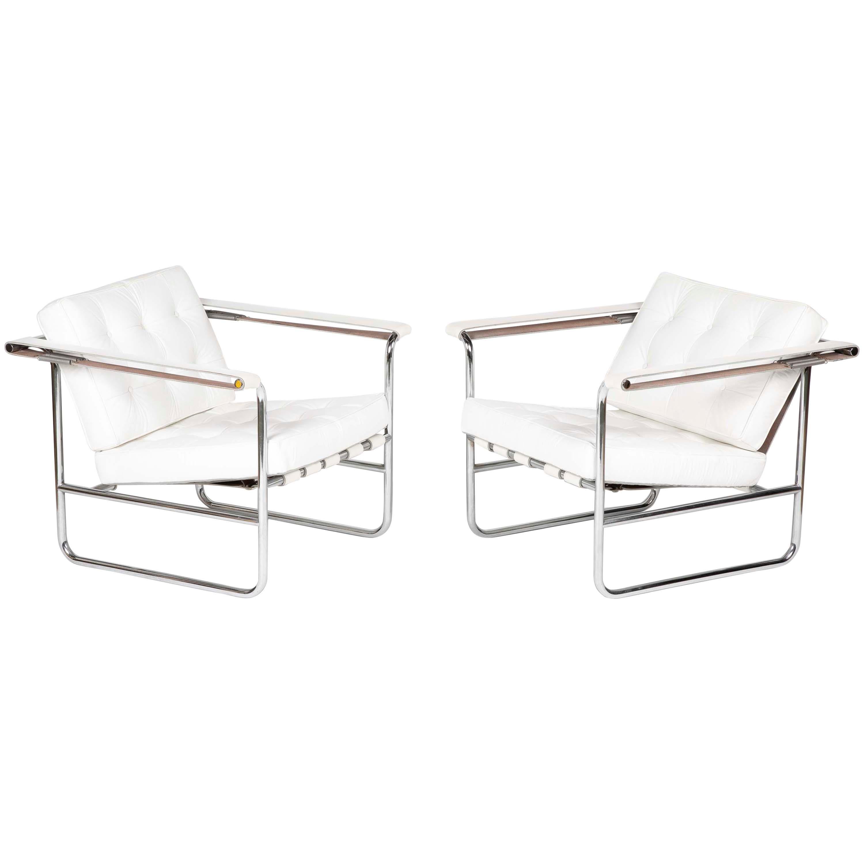 Pair of Tufted White Leather Lounge Chairs by Stendig