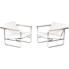 Pair of Tufted White Leather Lounge Chairs by Stendig