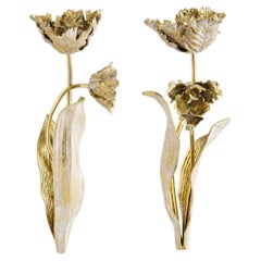 Pair of Tulip Candleholders in Brass, Marble and White Enamel.