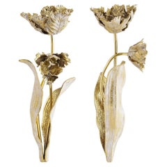 Pair of Tulip Candleholders in Brass, Marble and White Enamel.