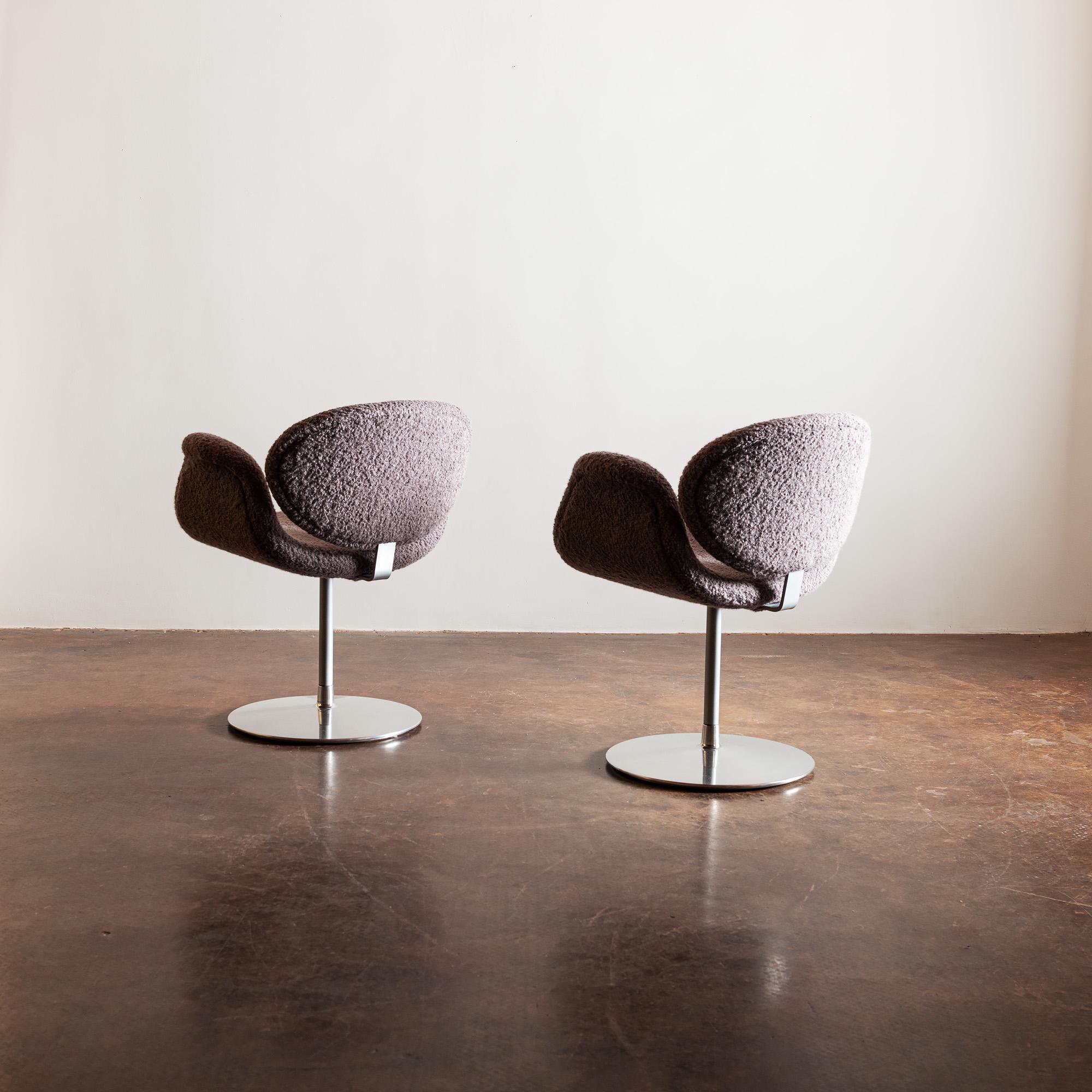 An iconic form by Pierre Paulin. This pair a recent reproduction by Artifort reupholstered in Sandra Jordan Prima Alpaca Boucle in Lavender Grey.