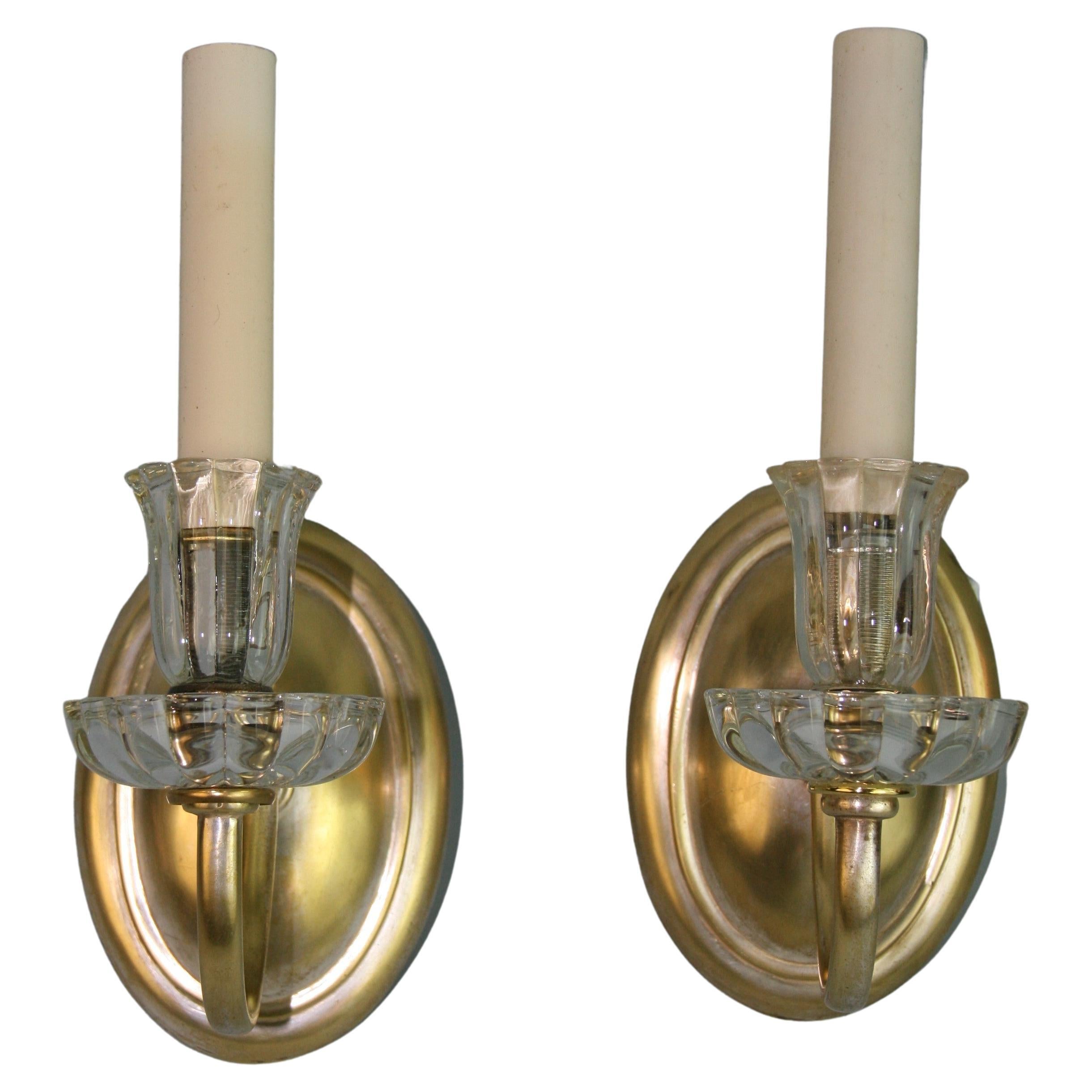 Pair of Tulip Crystal and Brass Sconces For Sale