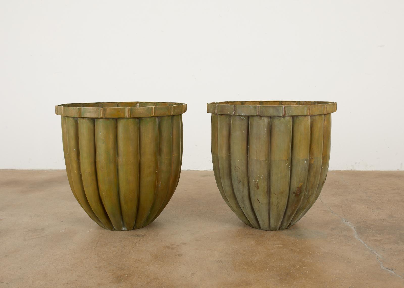 Pair of Tulip Form Fluted Bronze Jardinières Planters 3