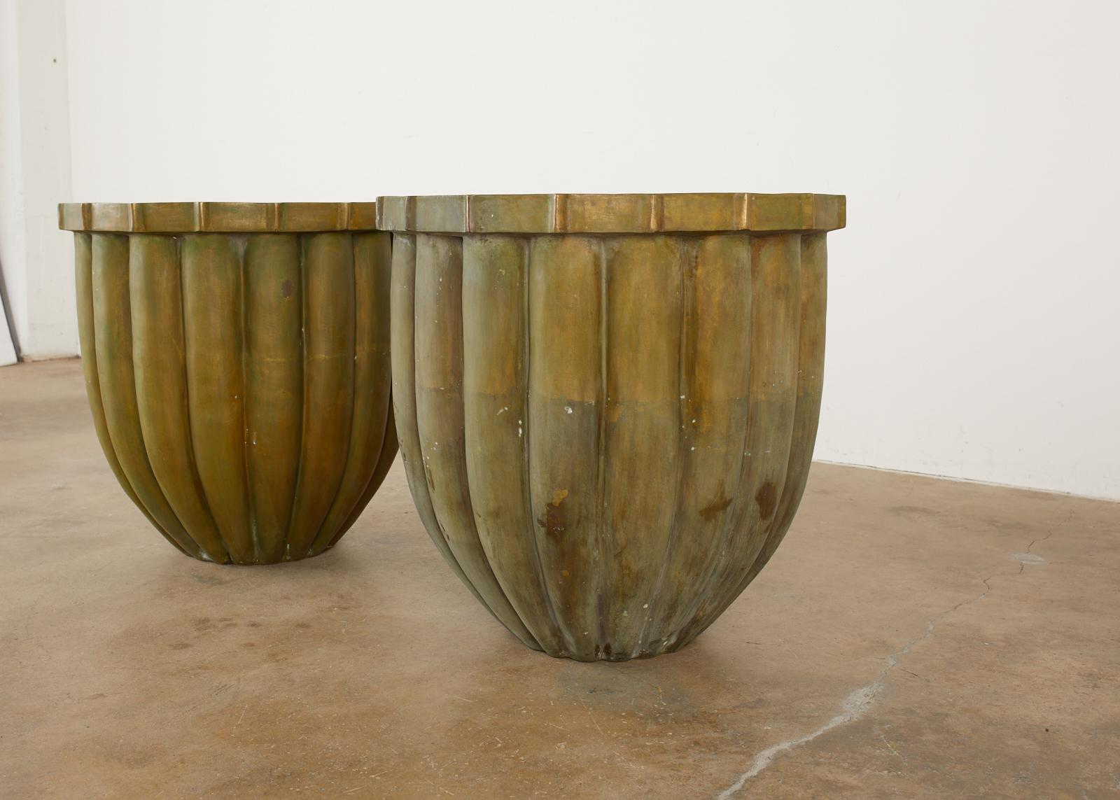 Pair of Tulip Form Fluted Bronze Jardinières Planters 4