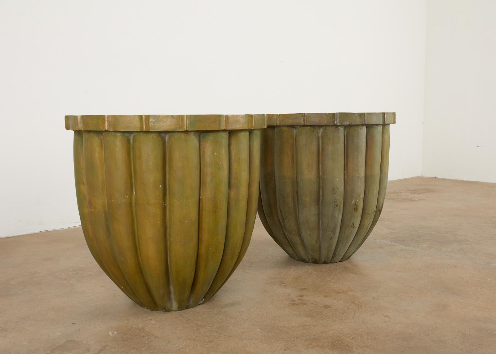 Pair of Tulip Form Fluted Bronze Jardinières Planters 5