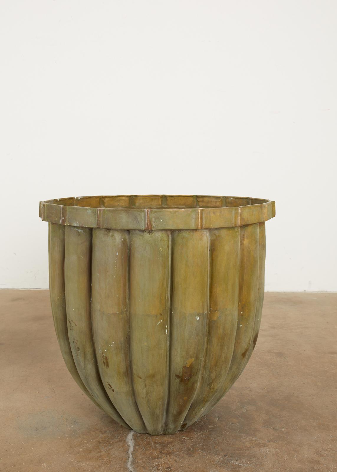 Chinese Pair of Tulip Form Fluted Bronze Jardinières Planters