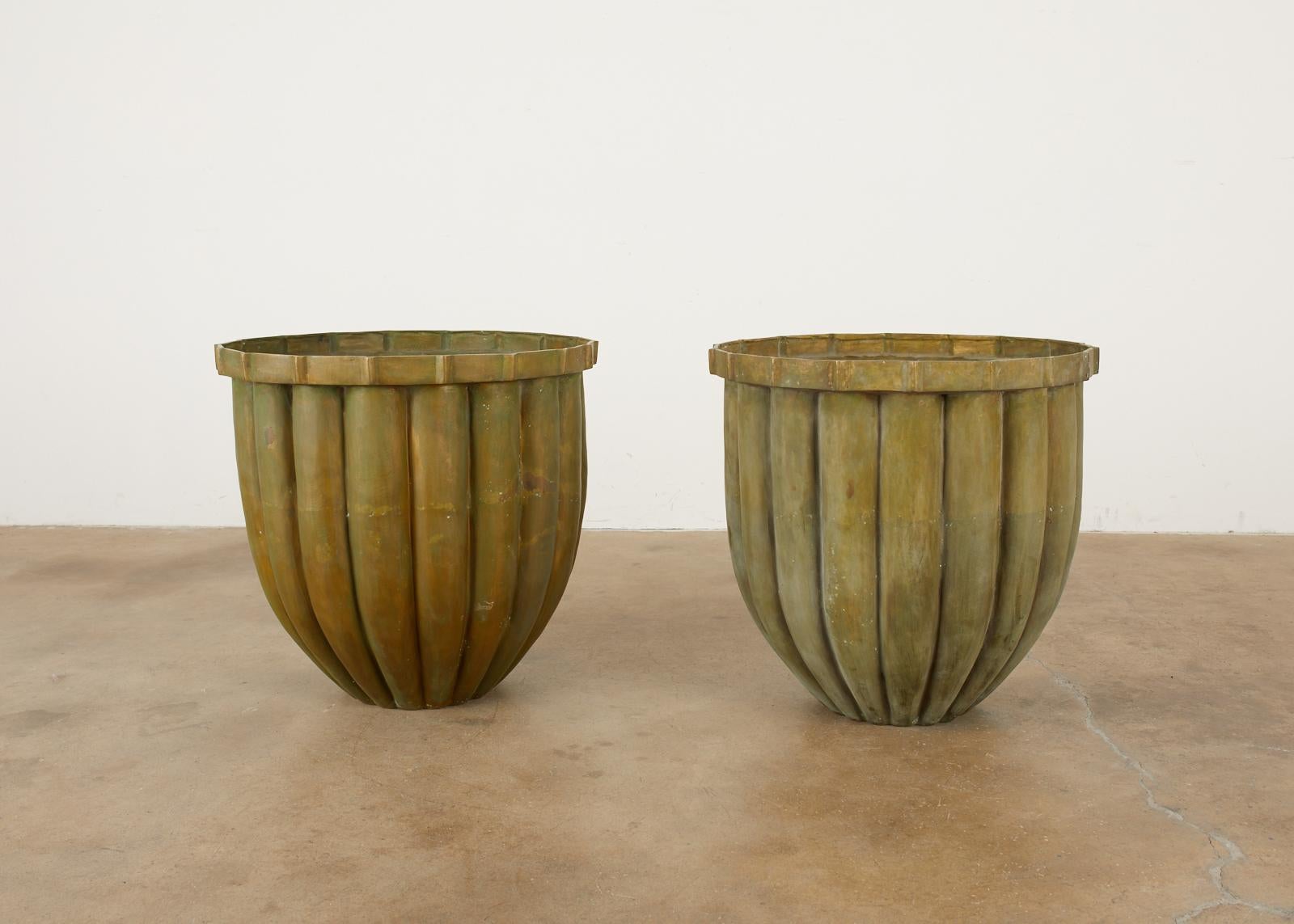 Cast Pair of Tulip Form Fluted Bronze Jardinières Planters