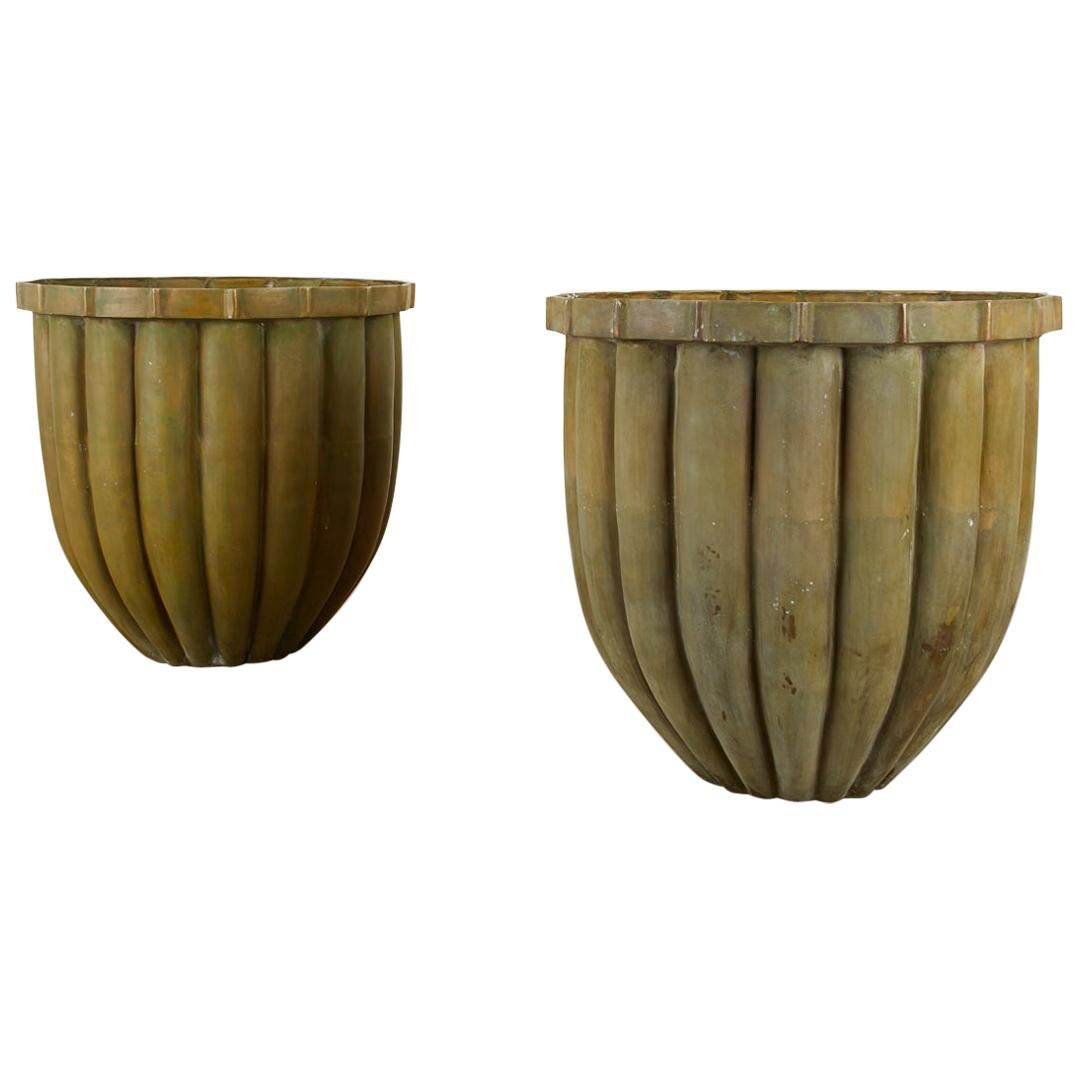 Pair of Tulip Form Fluted Bronze Jardinières Planters