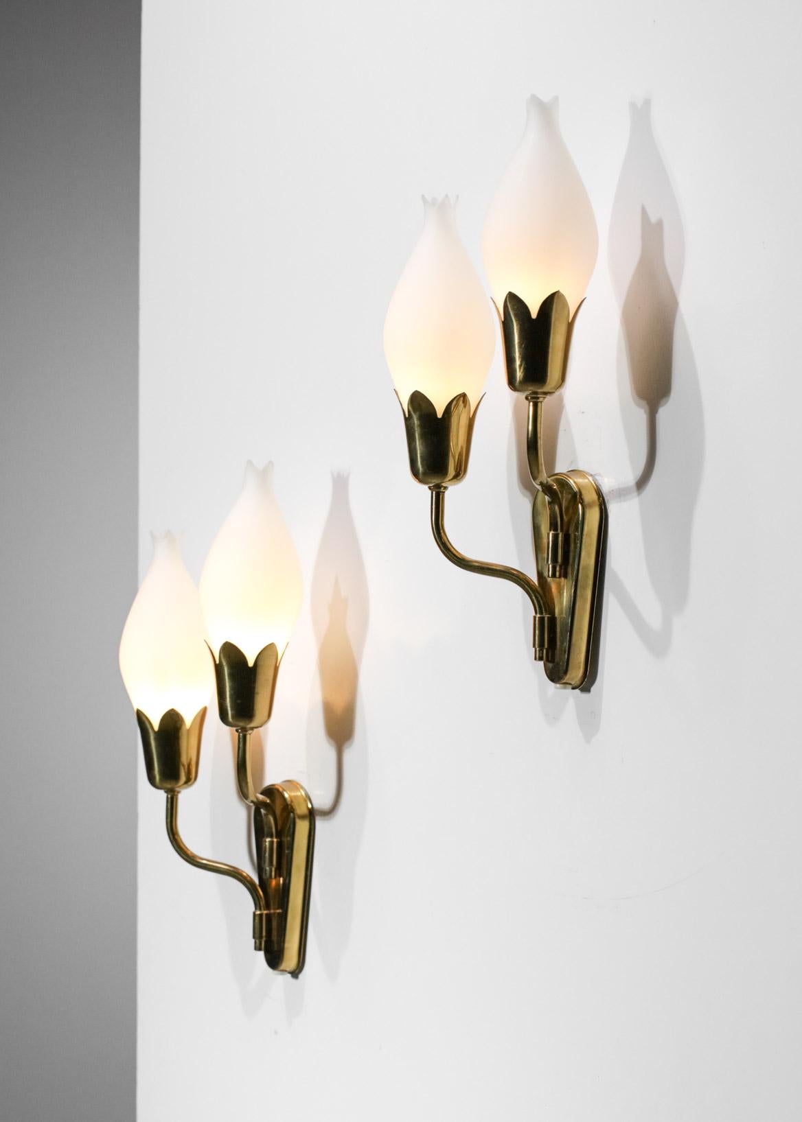 Mid-Century Modern Pair of Tulip Sconces with Opaline and Brass from Fog & Morup Swedish Design