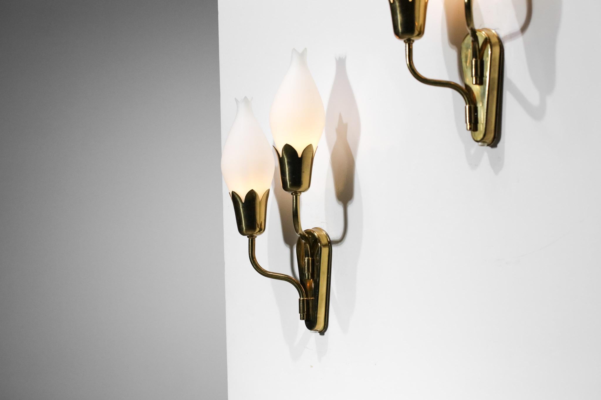 Danish Pair of Tulip Sconces with Opaline and Brass from Fog & Morup Swedish Design