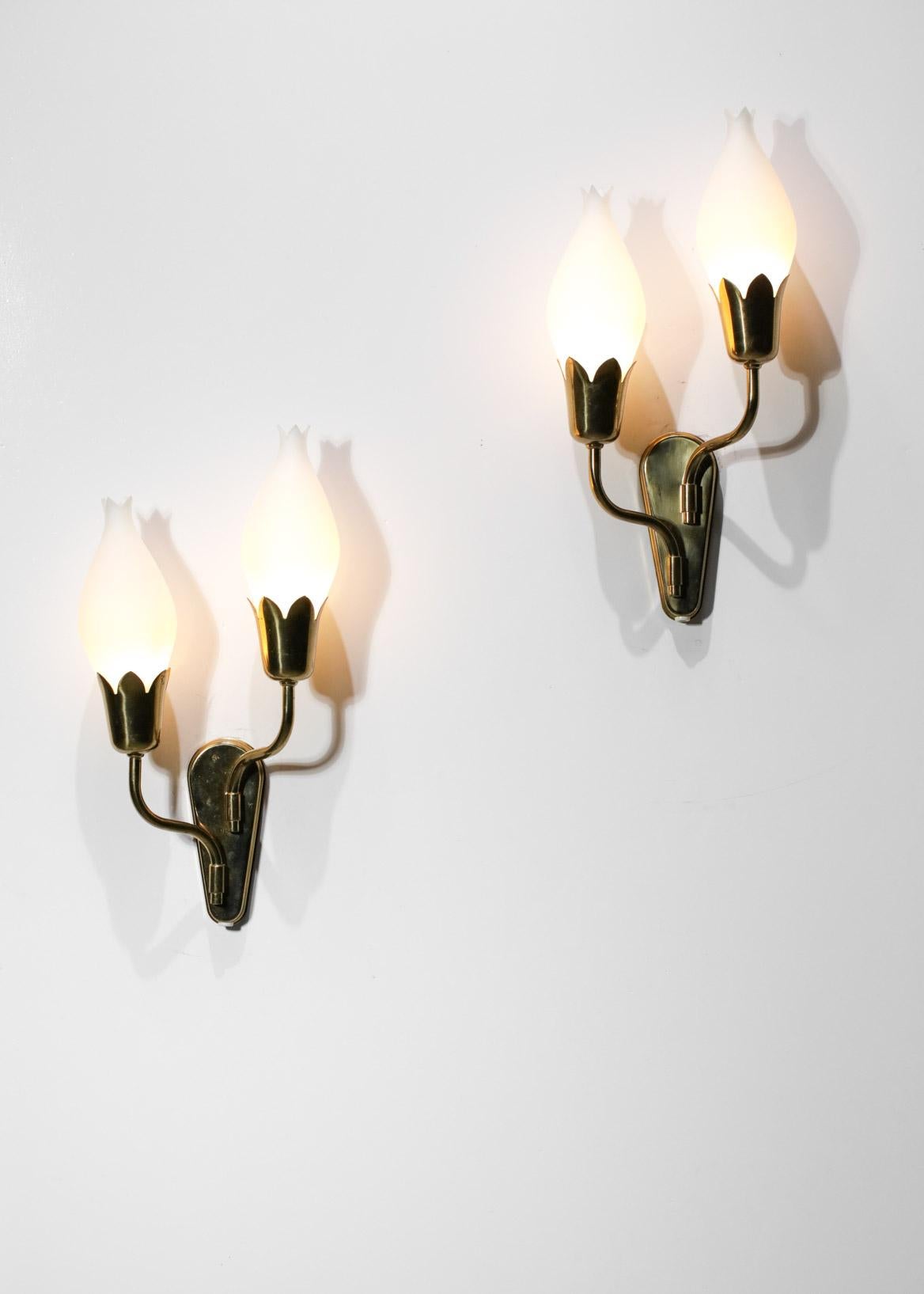 Pair of Tulip Sconces with Opaline and Brass from Fog & Morup Swedish Design In Good Condition In Lyon, FR