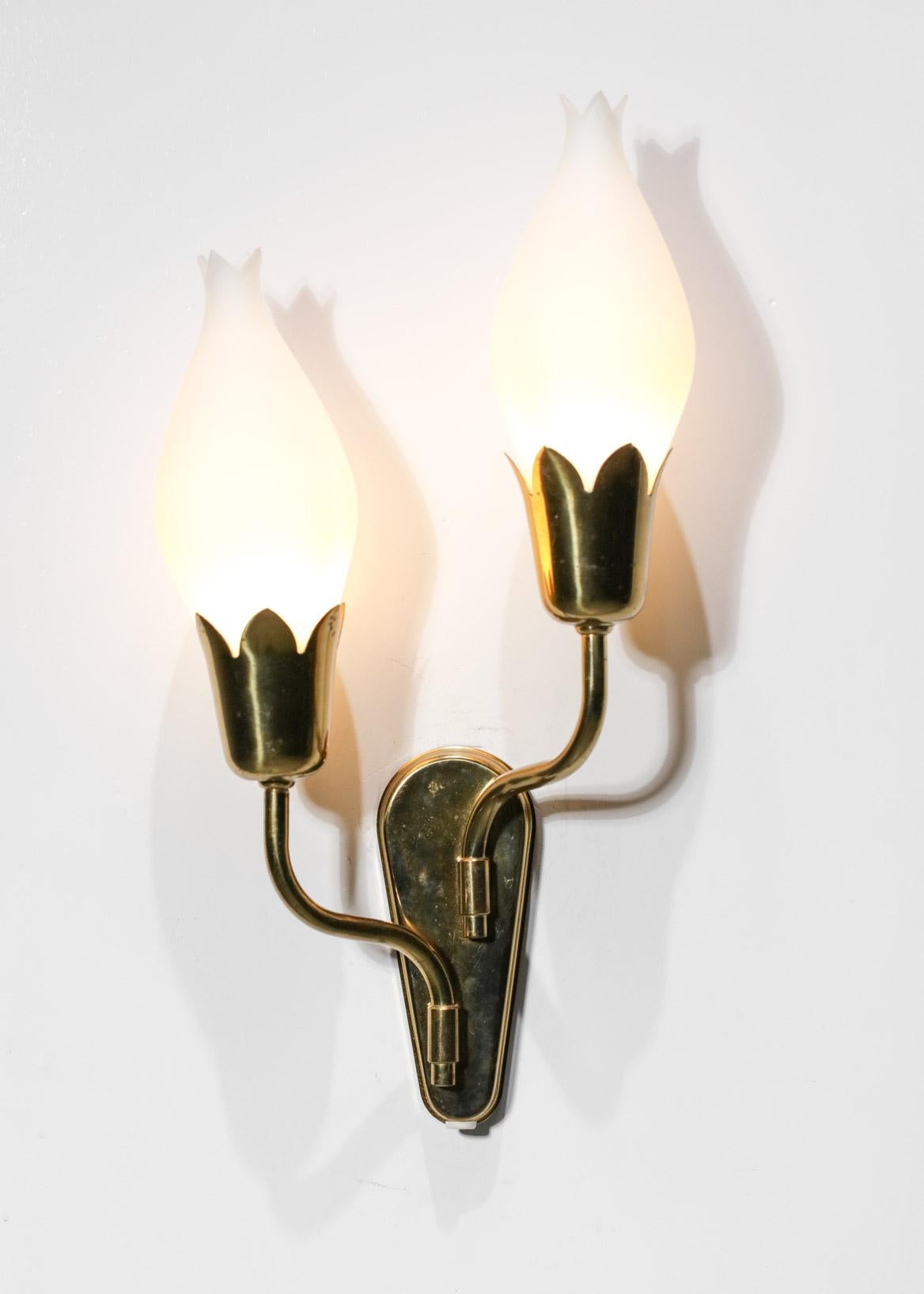 Mid-20th Century Pair of Tulip Sconces with Opaline and Brass from Fog & Morup Swedish Design