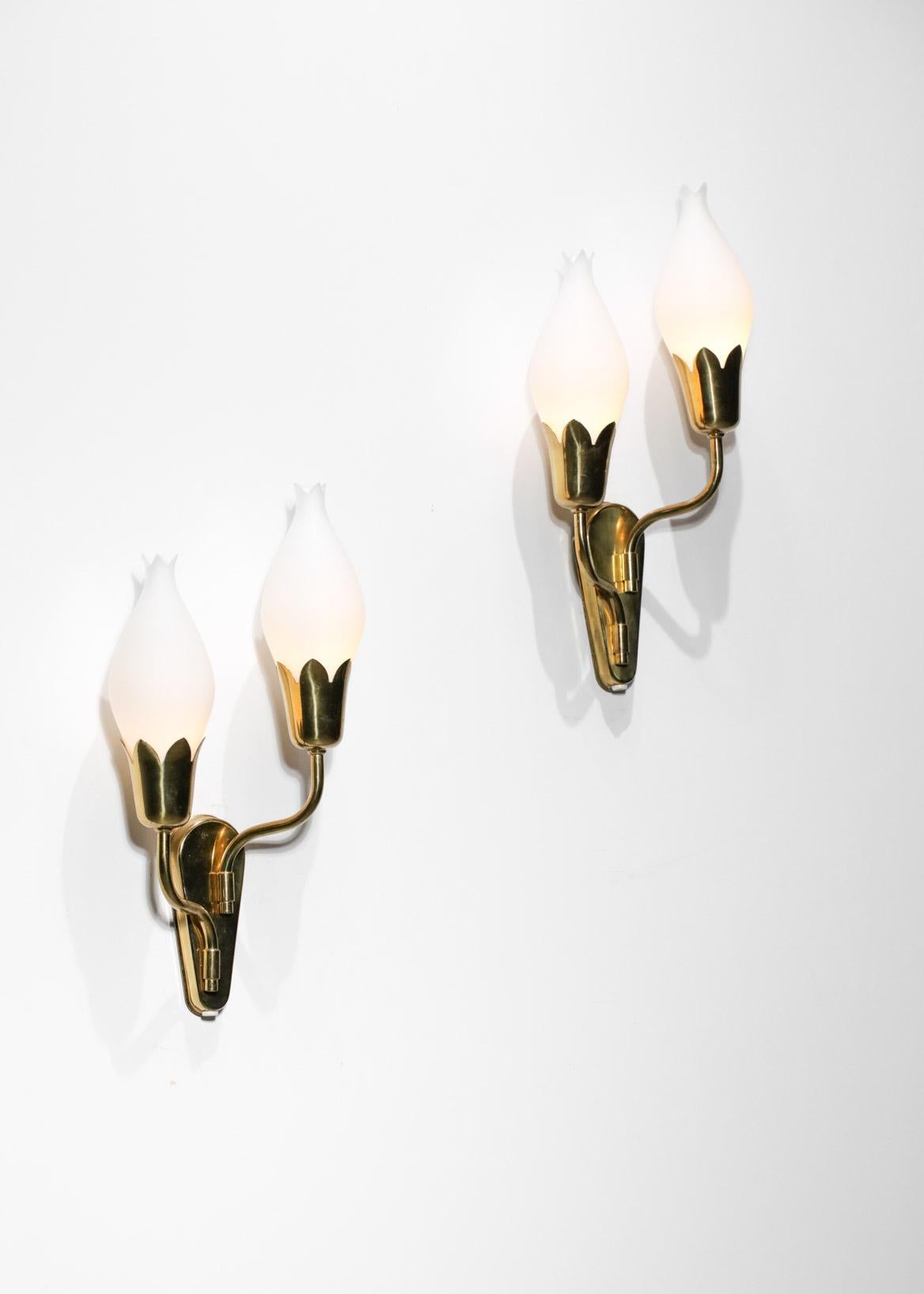 Pair of Tulip Sconces with Opaline and Brass from Fog & Morup Swedish Design 1