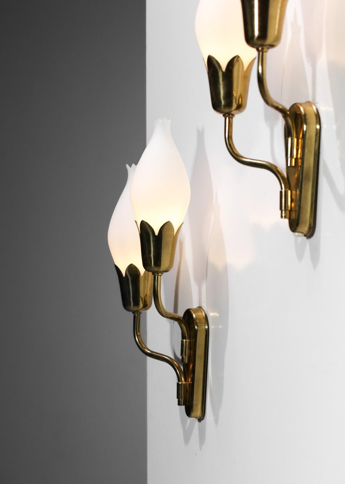 Pair of Tulip Sconces with Opaline and Brass from Fog & Morup Swedish Design 2