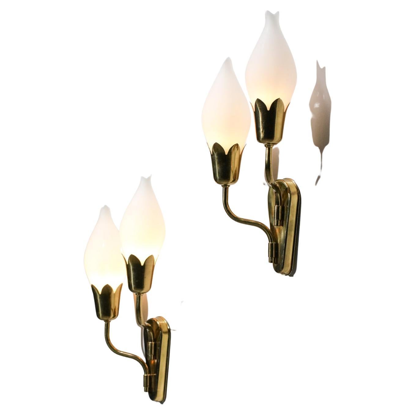 Pair of Tulip Sconces with Opaline and Brass from Fog & Morup Swedish Design