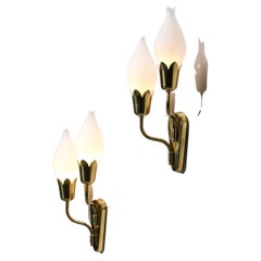 Pair of Tulip Sconces with Opaline and Brass from Fog & Morup Swedish Design