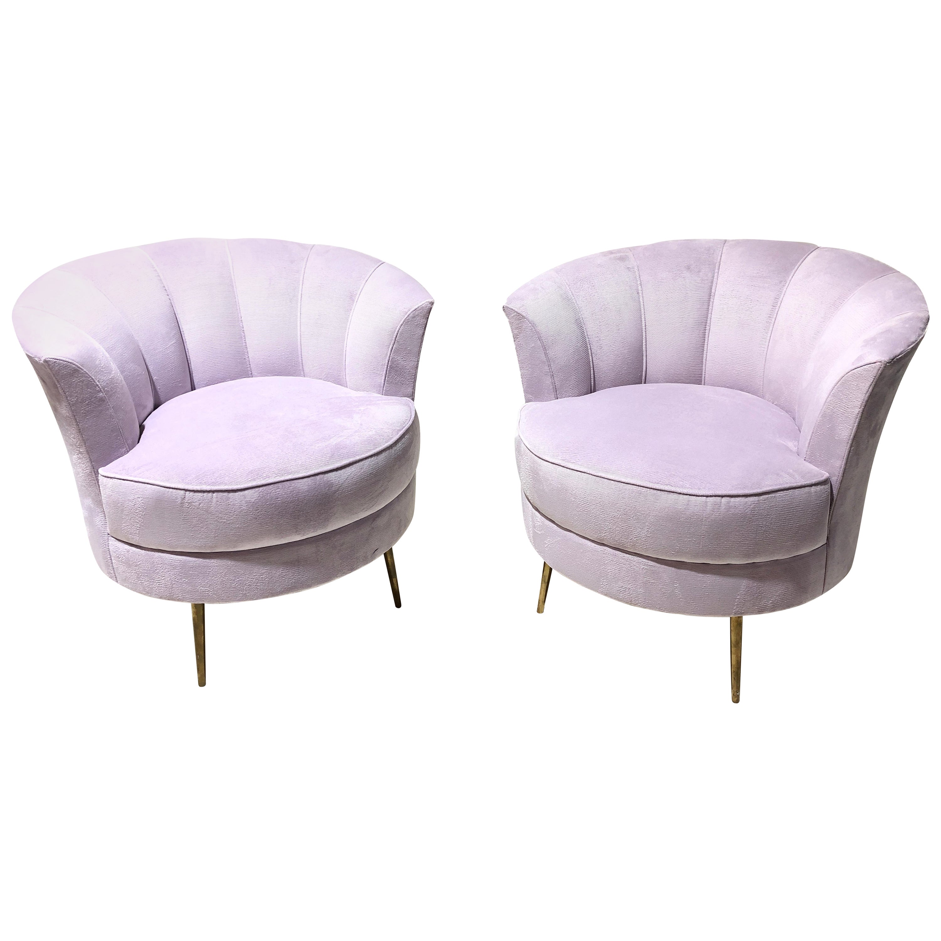 Pair of Tulip-Shaped Club Chairs with Brass Legs