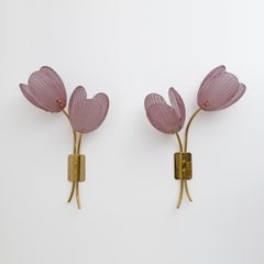 Pair of Tulips Murano Glass and Brass Sconces