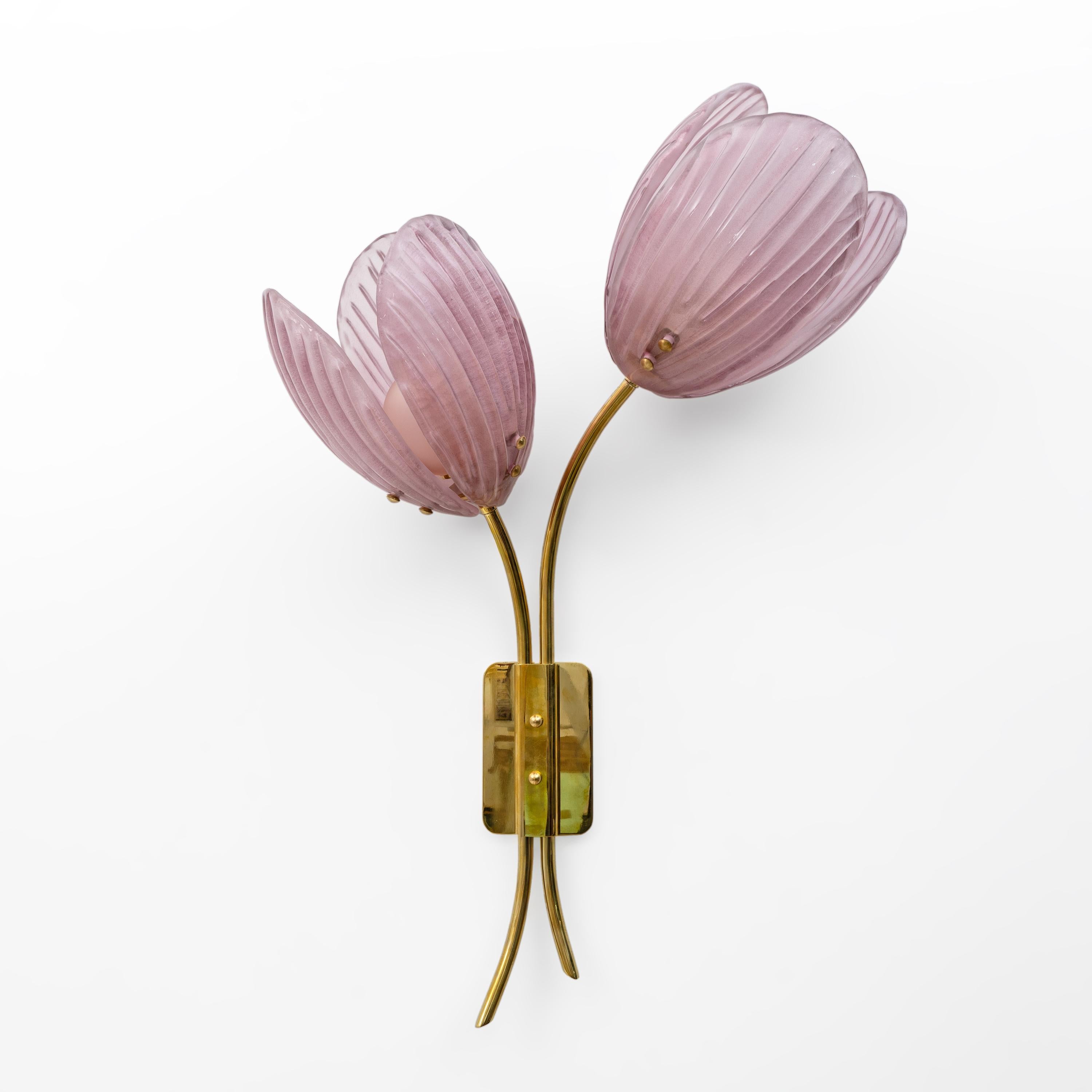 Pair of wall lamps, entirely handmade in Murano, Italy, that bring the energy of Nature and Feng Shui into your interior. This pair of modern organic wall lamps consists of a hand-crafted brass support in the shape of a branch, decorated with 2