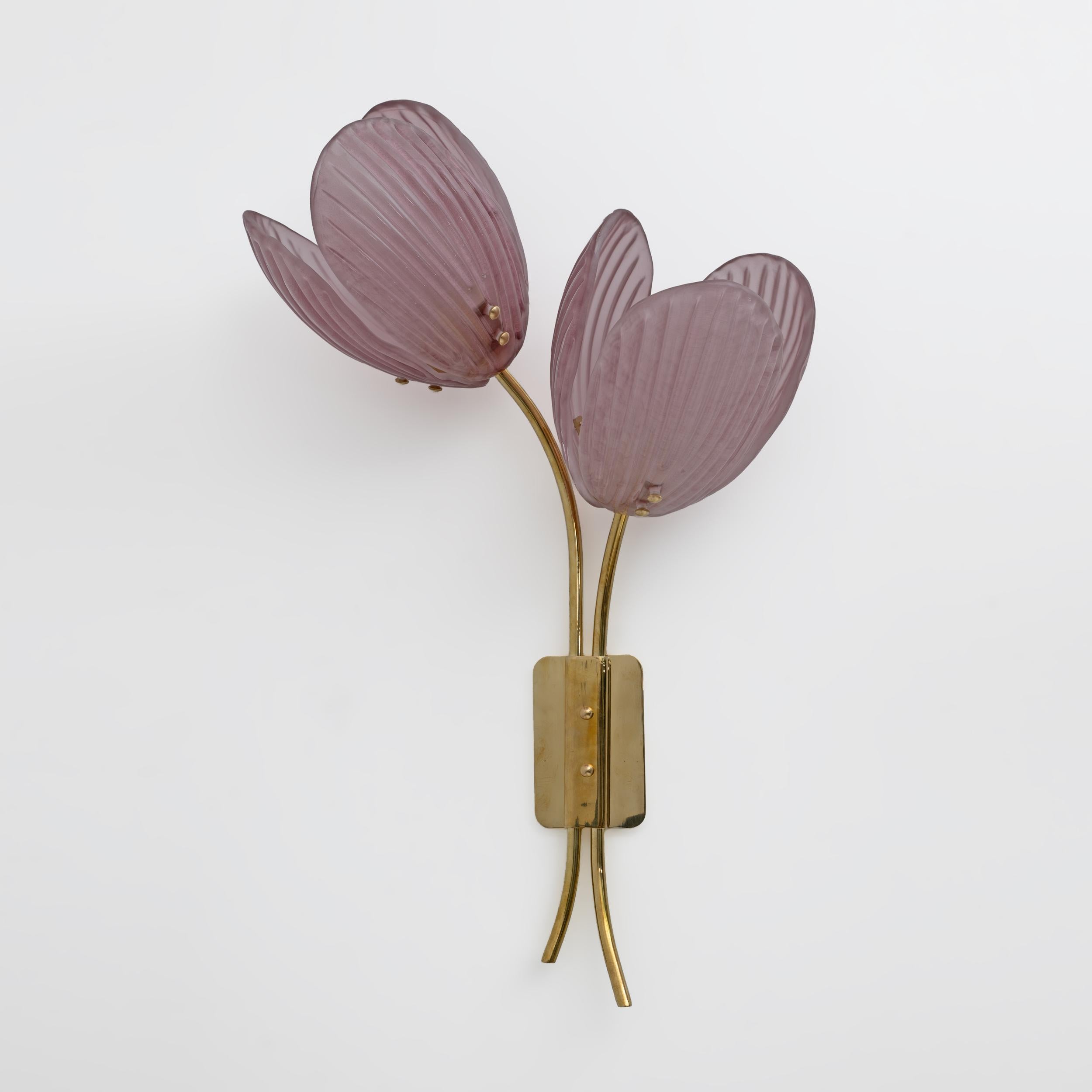 Modern Pair of Tulips Murano Glass and Brass Sconces
