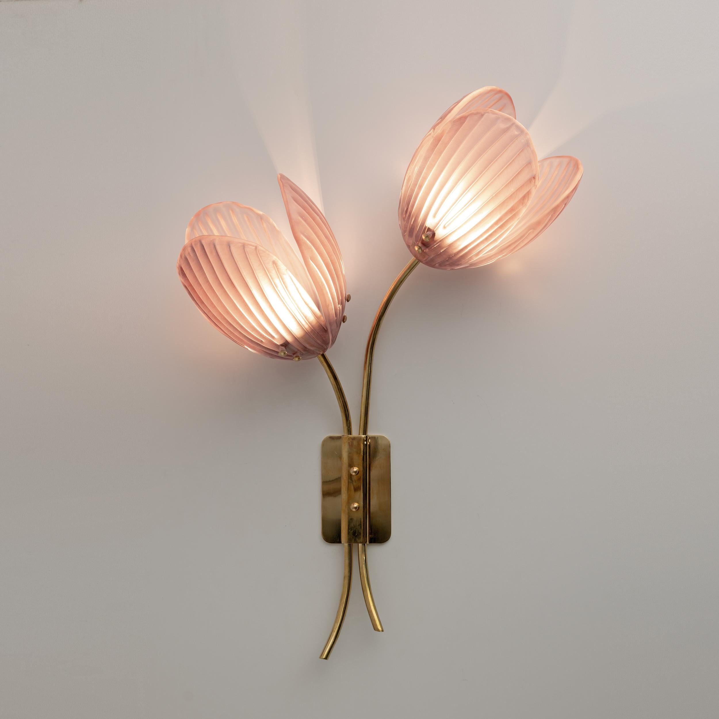 Italian Pair of Tulips Murano Glass and Brass Sconces