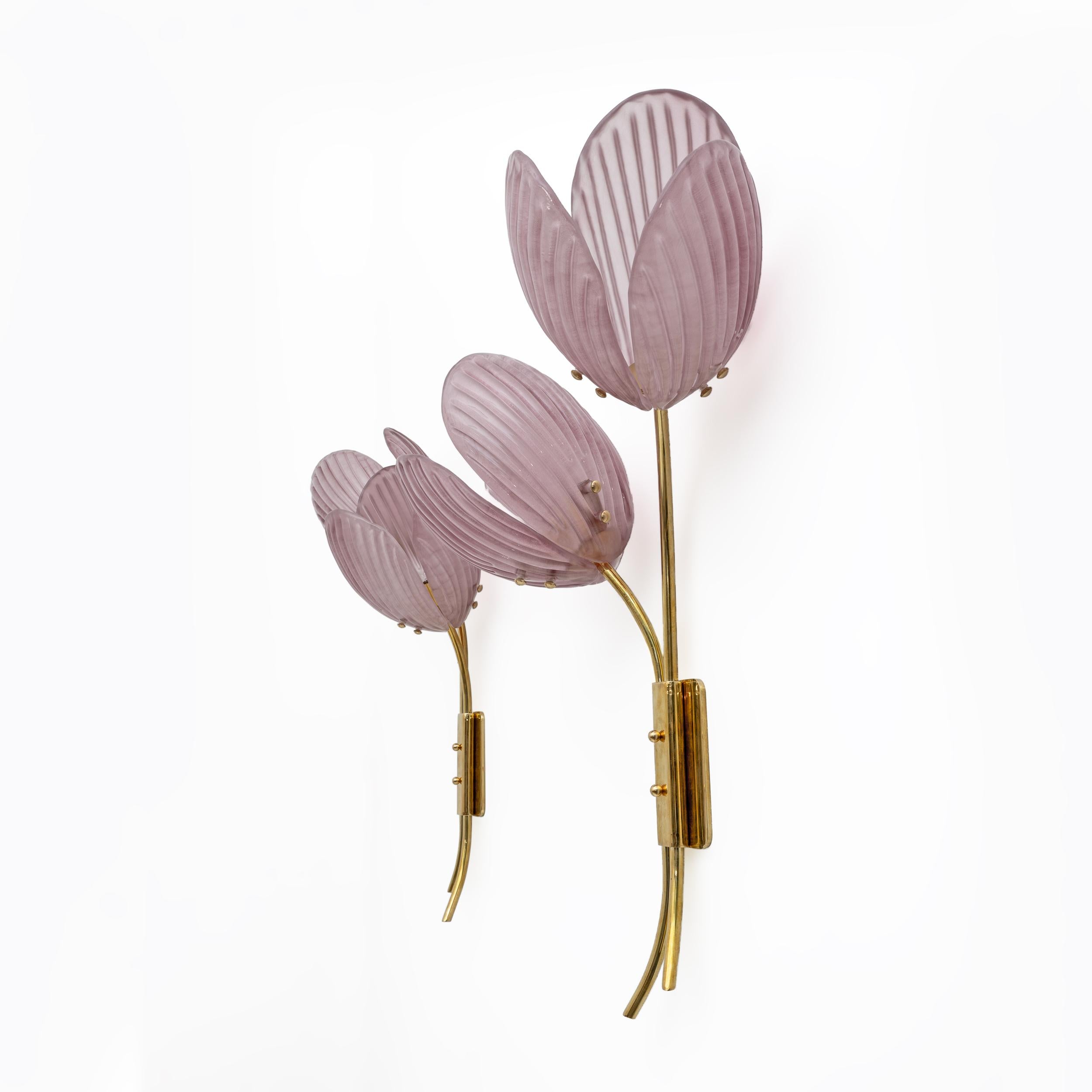 Contemporary Pair of Tulips Murano Glass and Brass Sconces