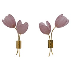 Pair of Tulips Murano Glass and Brass Sconces