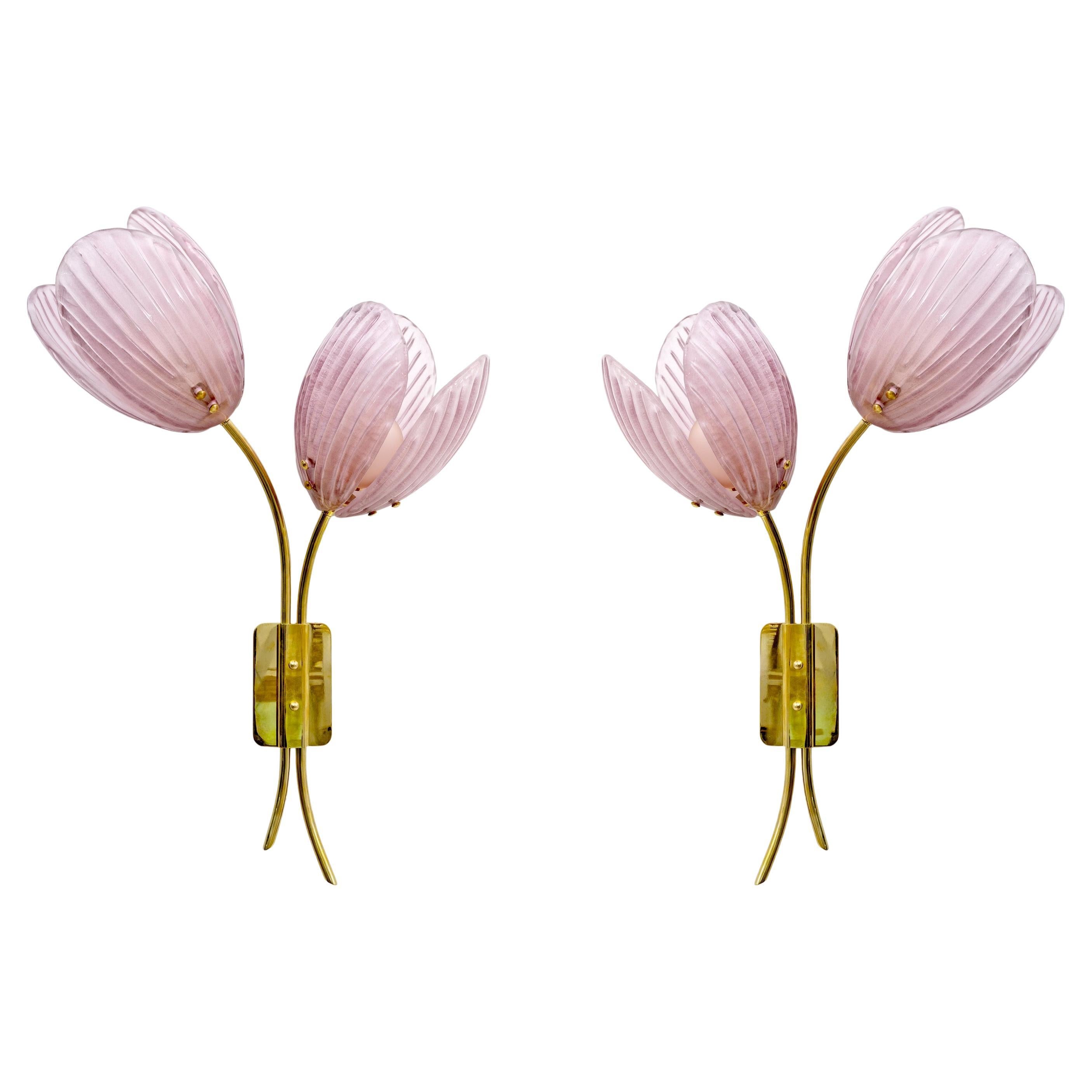 Pair of Tulips Murano Glass and Brass Sconces