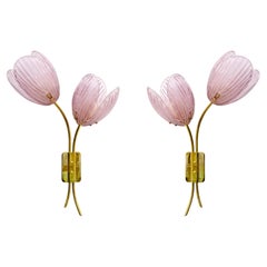 Pair of Tulips Murano Glass and Brass Sconces