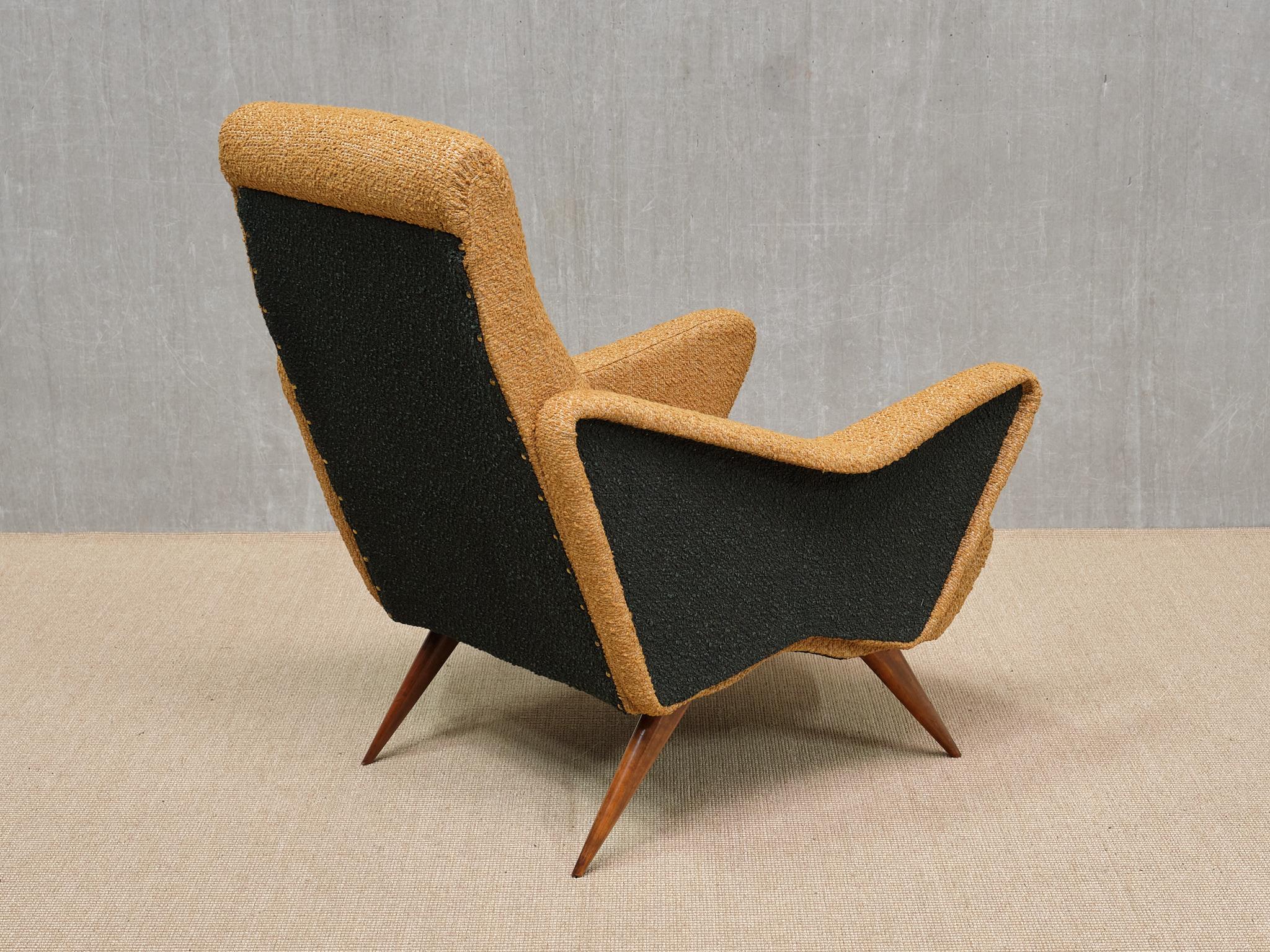 Pair of Turin School Armchairs in Walnut and Ochre & Navy Bouclé, Italy, 1950s For Sale 5