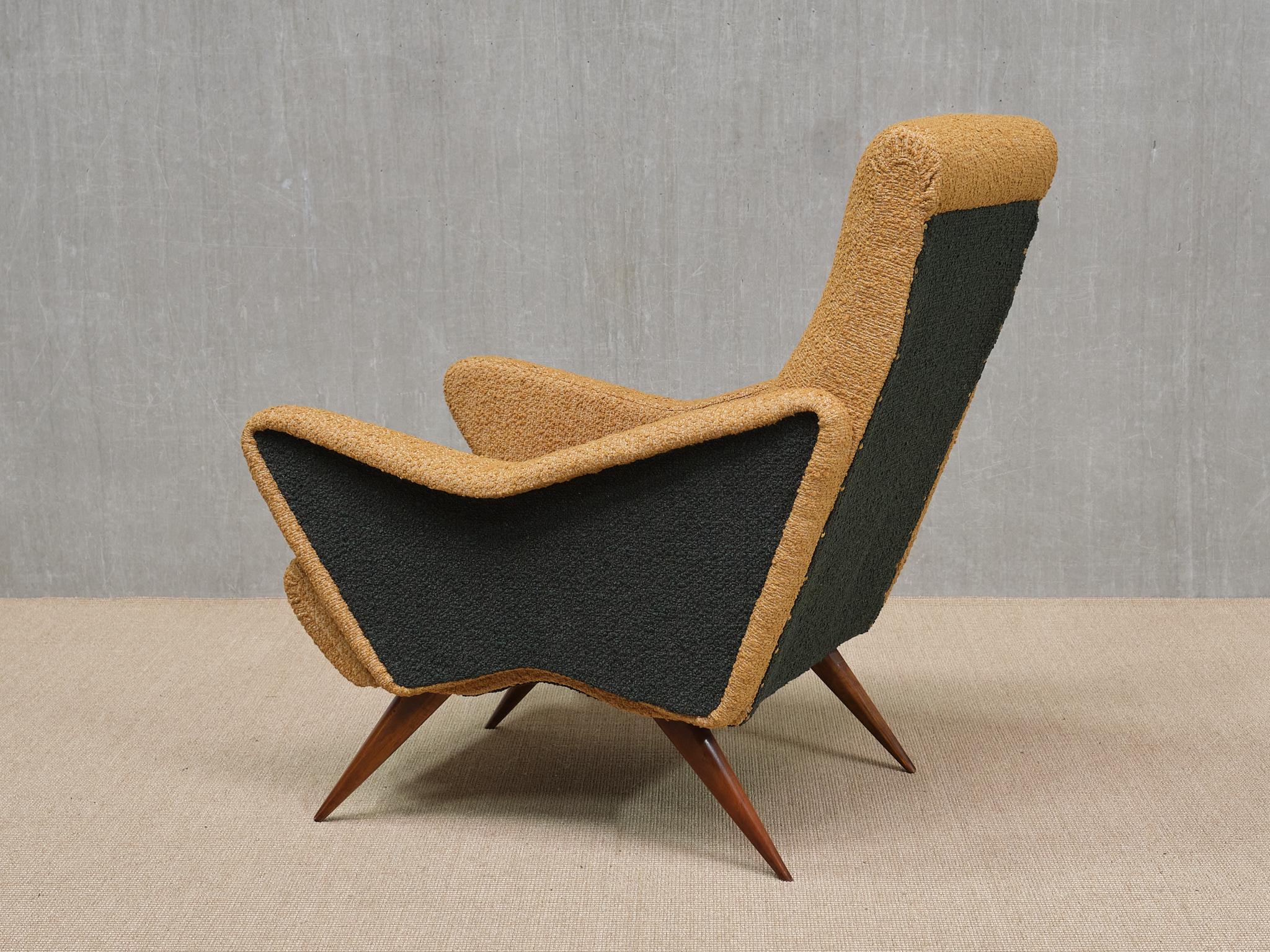 Pair of Turin School Armchairs in Walnut and Ochre & Navy Bouclé, Italy, 1950s For Sale 6