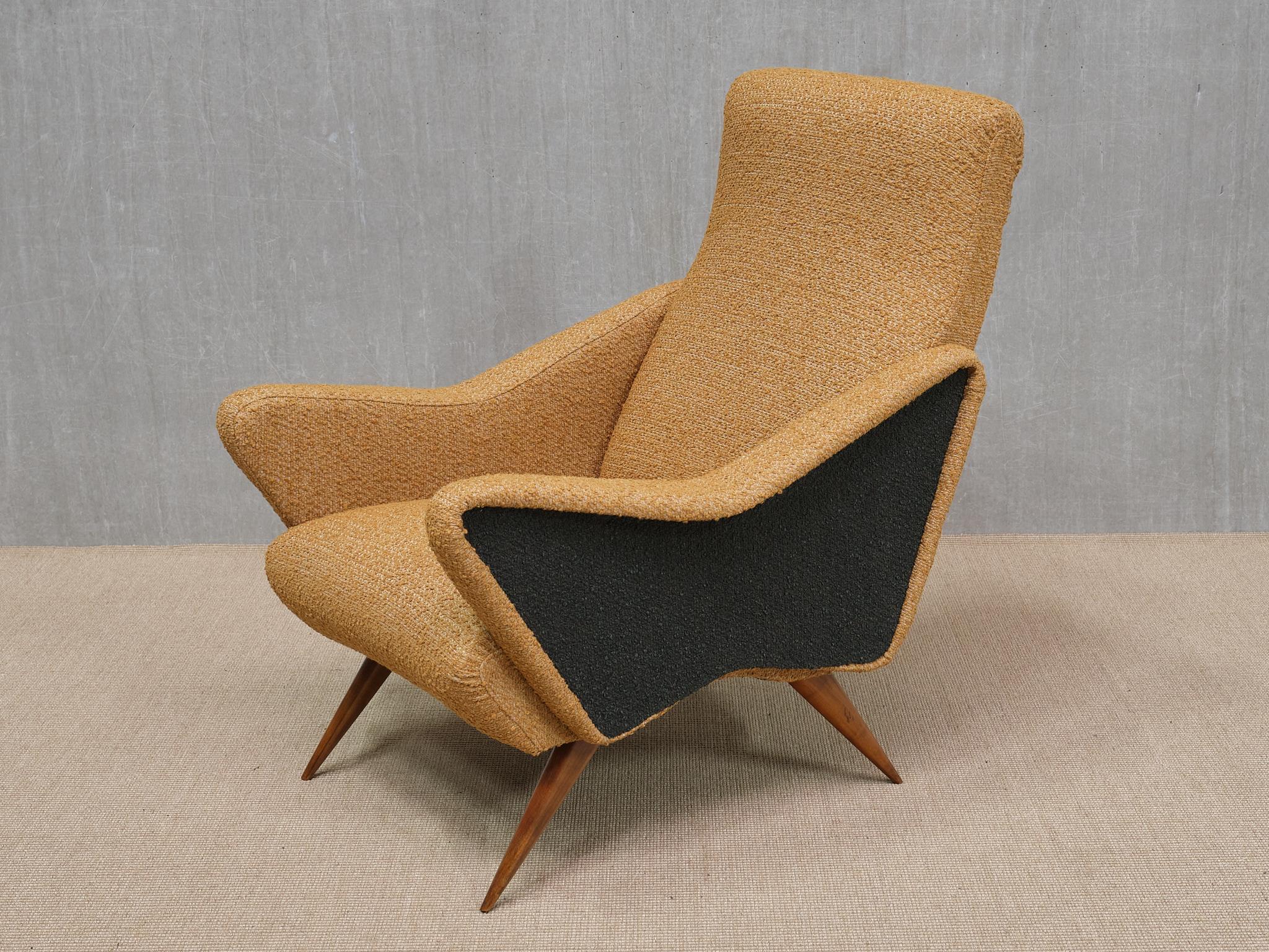 Pair of Turin School Armchairs in Walnut and Ochre & Navy Bouclé, Italy, 1950s For Sale 7