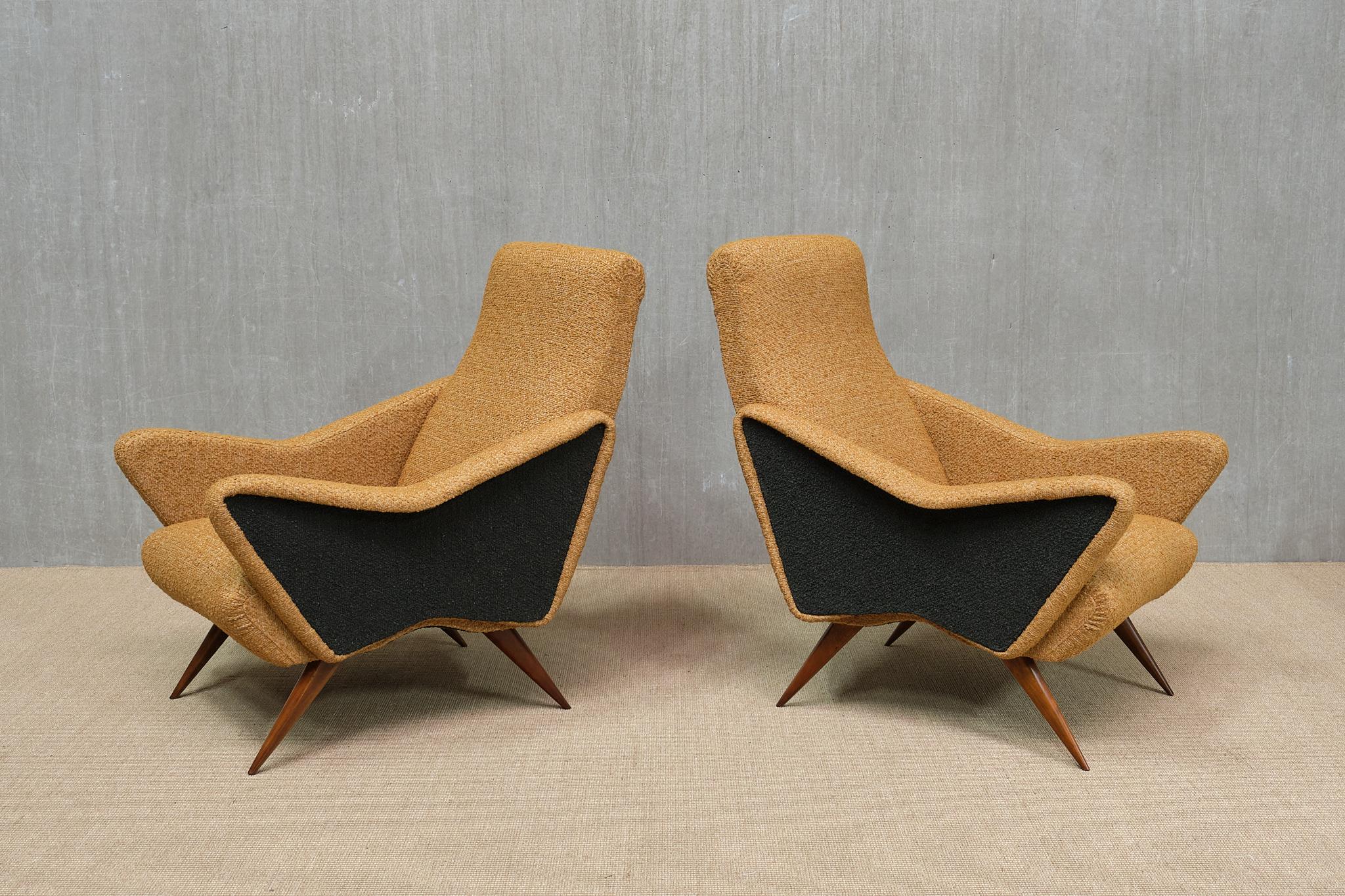 Pair of Turin School Armchairs in Walnut and Ochre & Navy Bouclé, Italy, 1950s For Sale 10