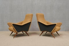 Pair of Turin School Armchairs in Walnut and Ochre & Green Bouclé, Italy, 1950s