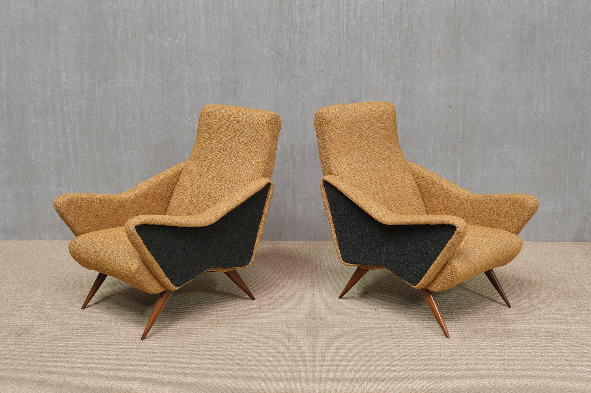 Mid-Century Modern Pair of Turin School Armchairs in Walnut and Ochre & Navy Bouclé, Italy, 1950s For Sale