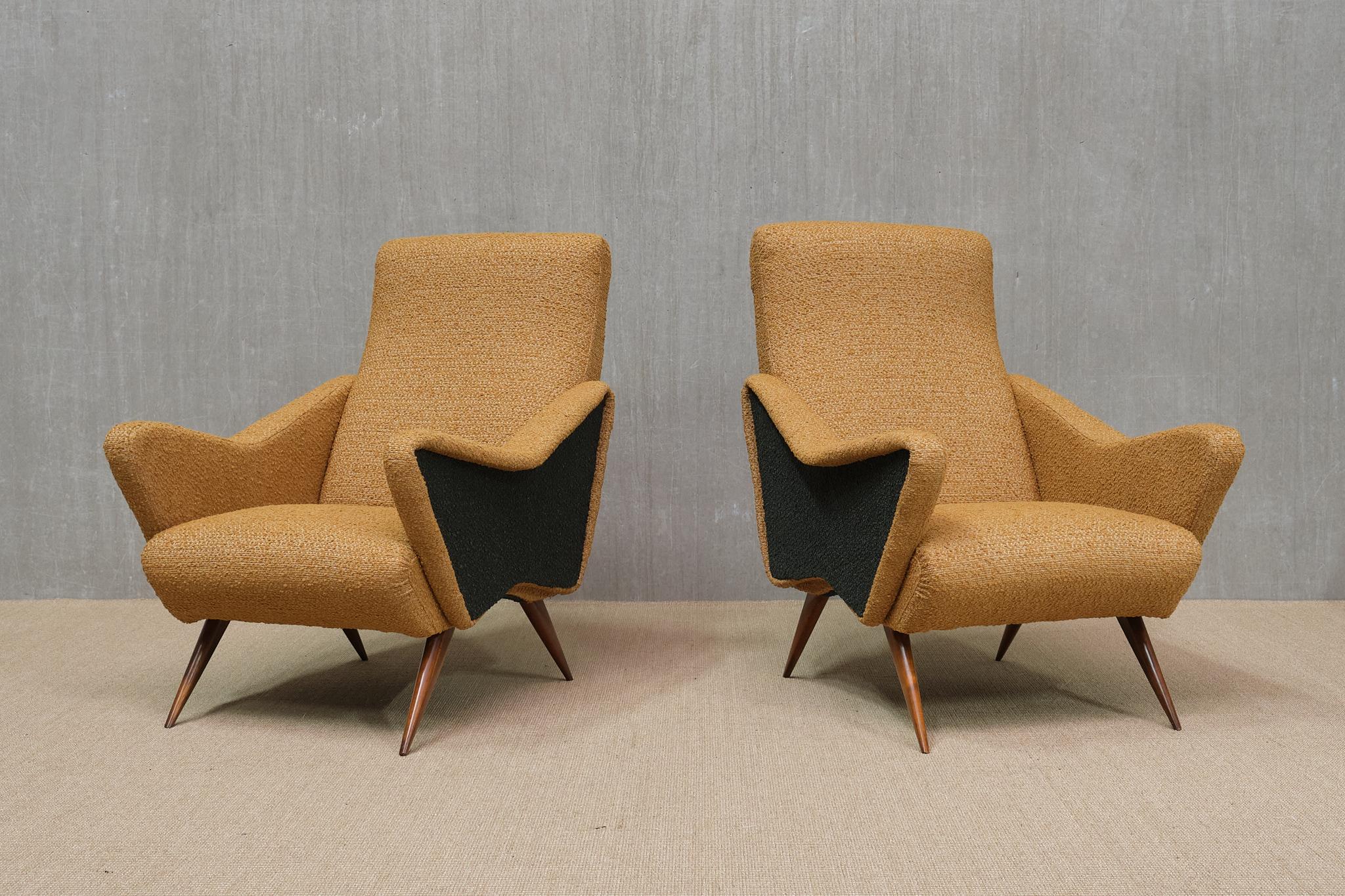 Italian Pair of Turin School Armchairs in Walnut and Ochre & Navy Bouclé, Italy, 1950s For Sale