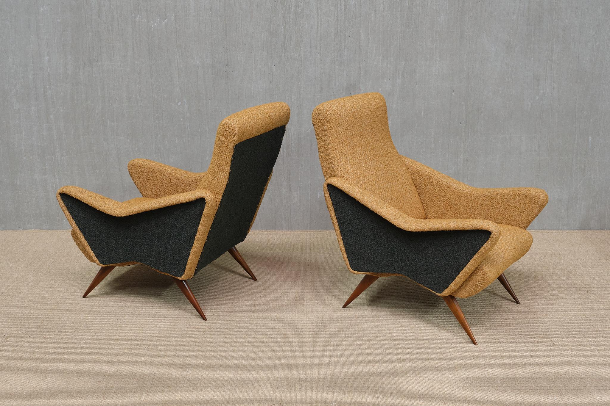 Mid-20th Century Pair of Turin School Armchairs in Walnut and Ochre & Navy Bouclé, Italy, 1950s For Sale