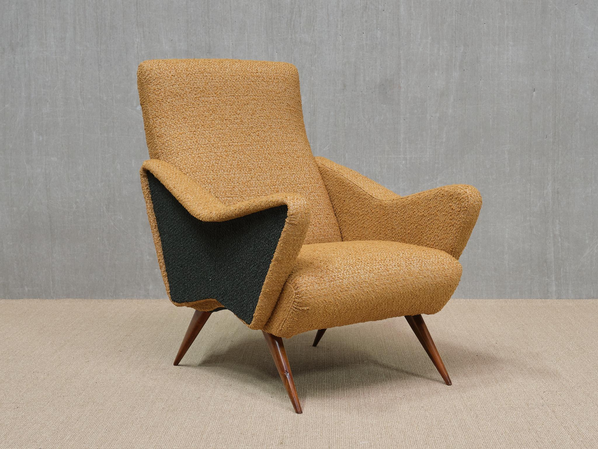 Fabric Pair of Turin School Armchairs in Walnut and Ochre & Navy Bouclé, Italy, 1950s For Sale