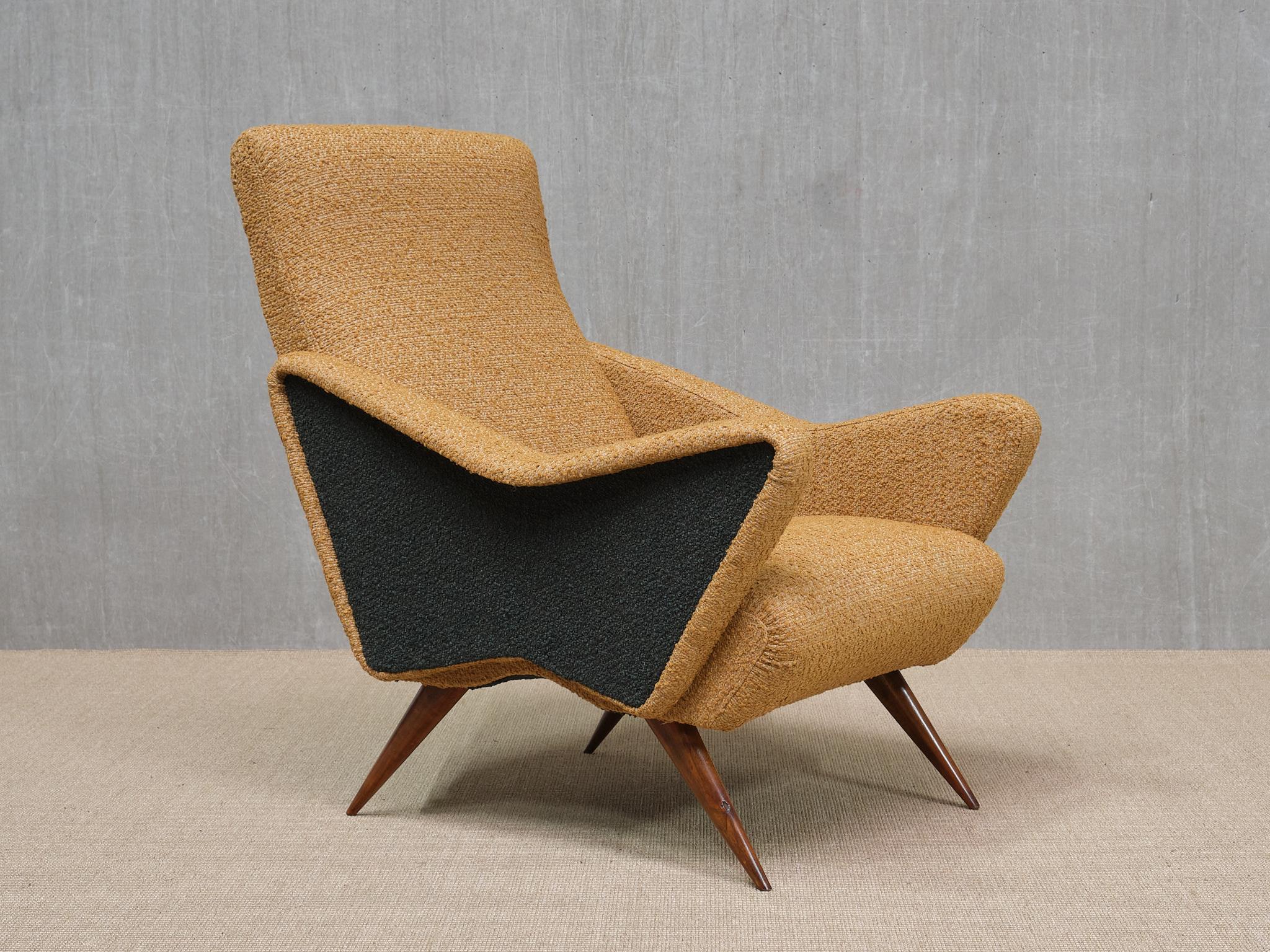 Pair of Turin School Armchairs in Walnut and Ochre & Navy Bouclé, Italy, 1950s For Sale 1