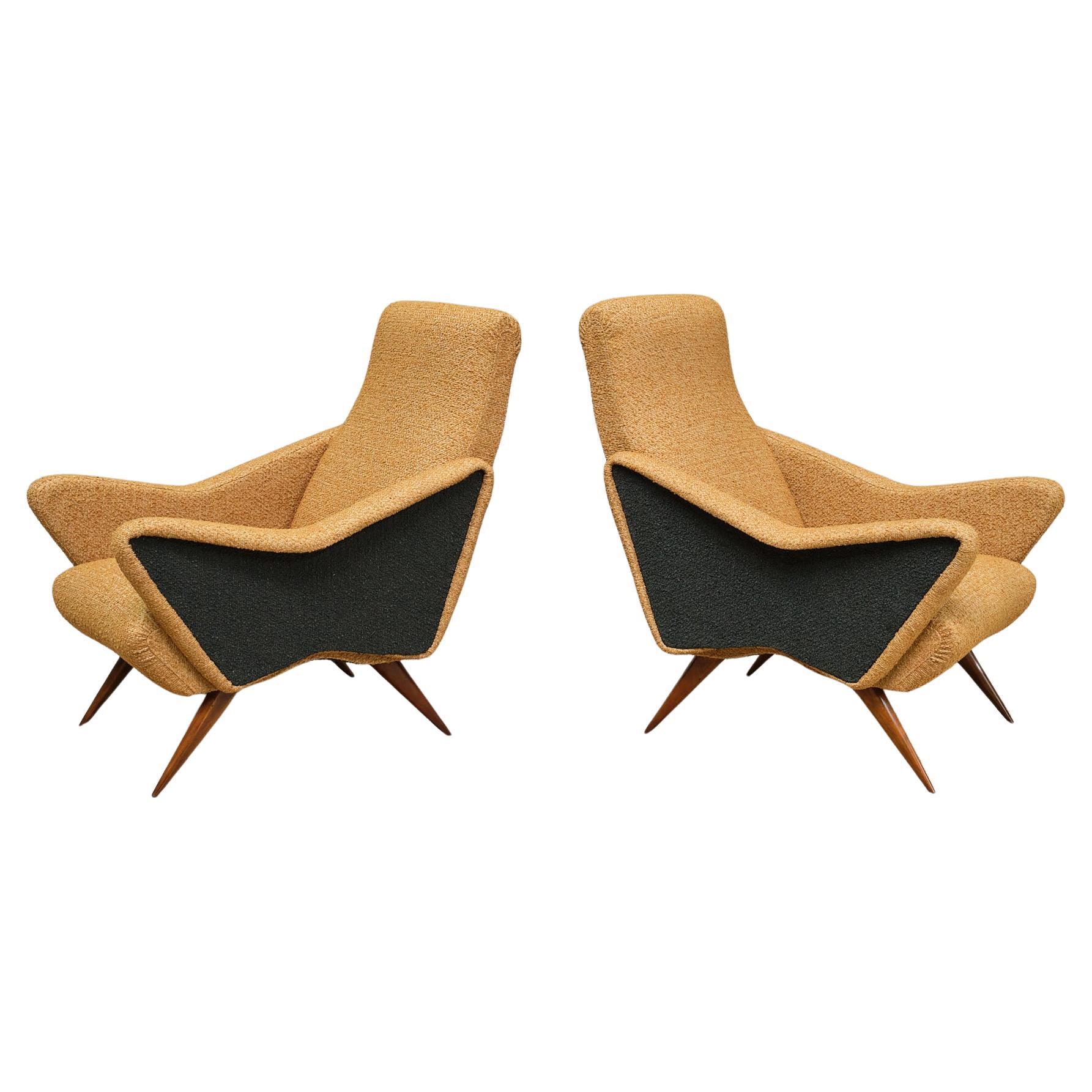 Pair of Turin School Armchairs in Walnut and Ochre & Navy Bouclé, Italy, 1950s For Sale